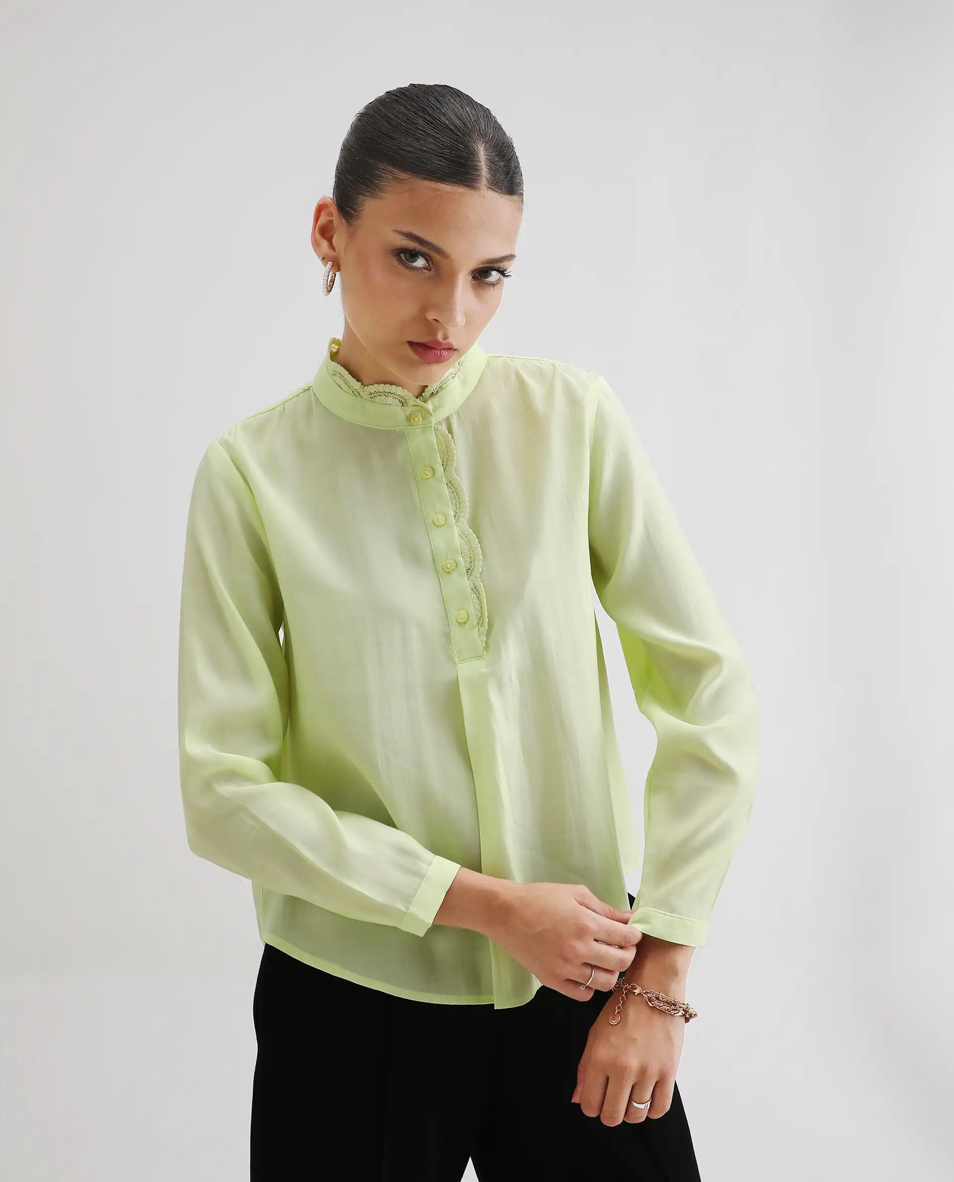 Rareism Women's Prefeck Green Viscose Blend Mandarin Collar Plain Cuffed Sleeve Regular Fit Top
