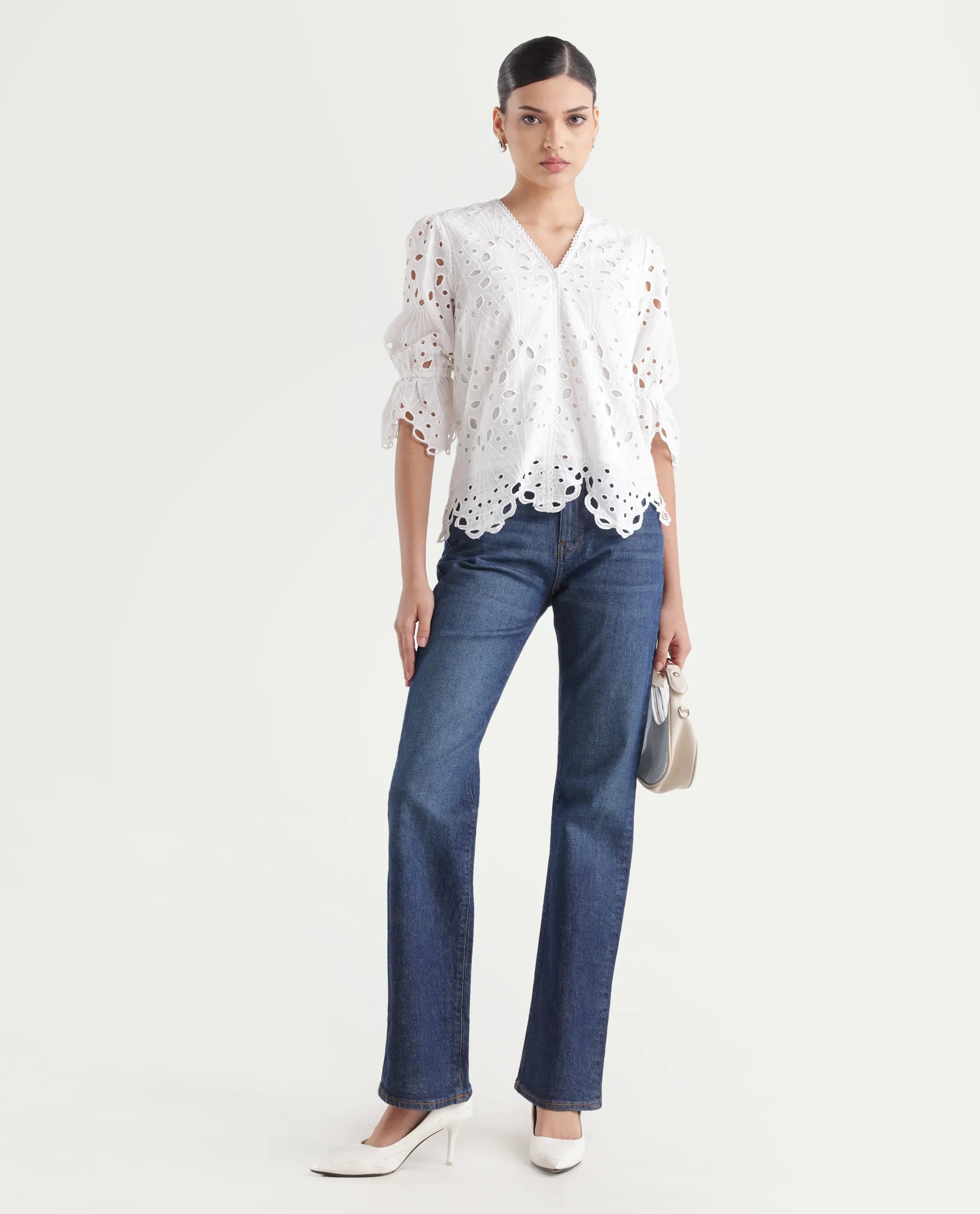 Rareism Women's Prefern White Cotton V-Neck Plain Puff Sleeves Regular Fit Top