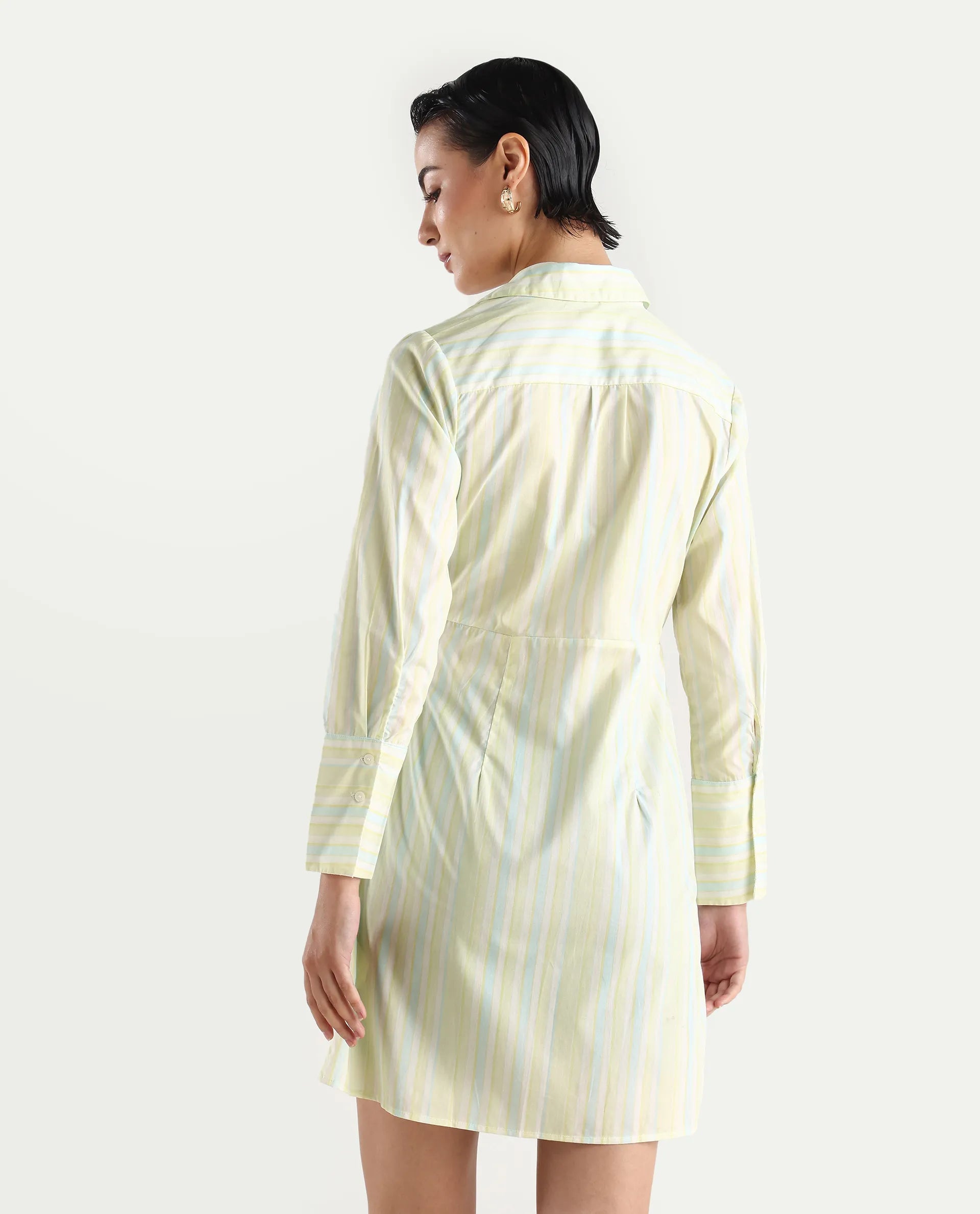 Rareism Women's Pregun Multi Cotton Johnny Collar Striped Mini Straight Fit Dress