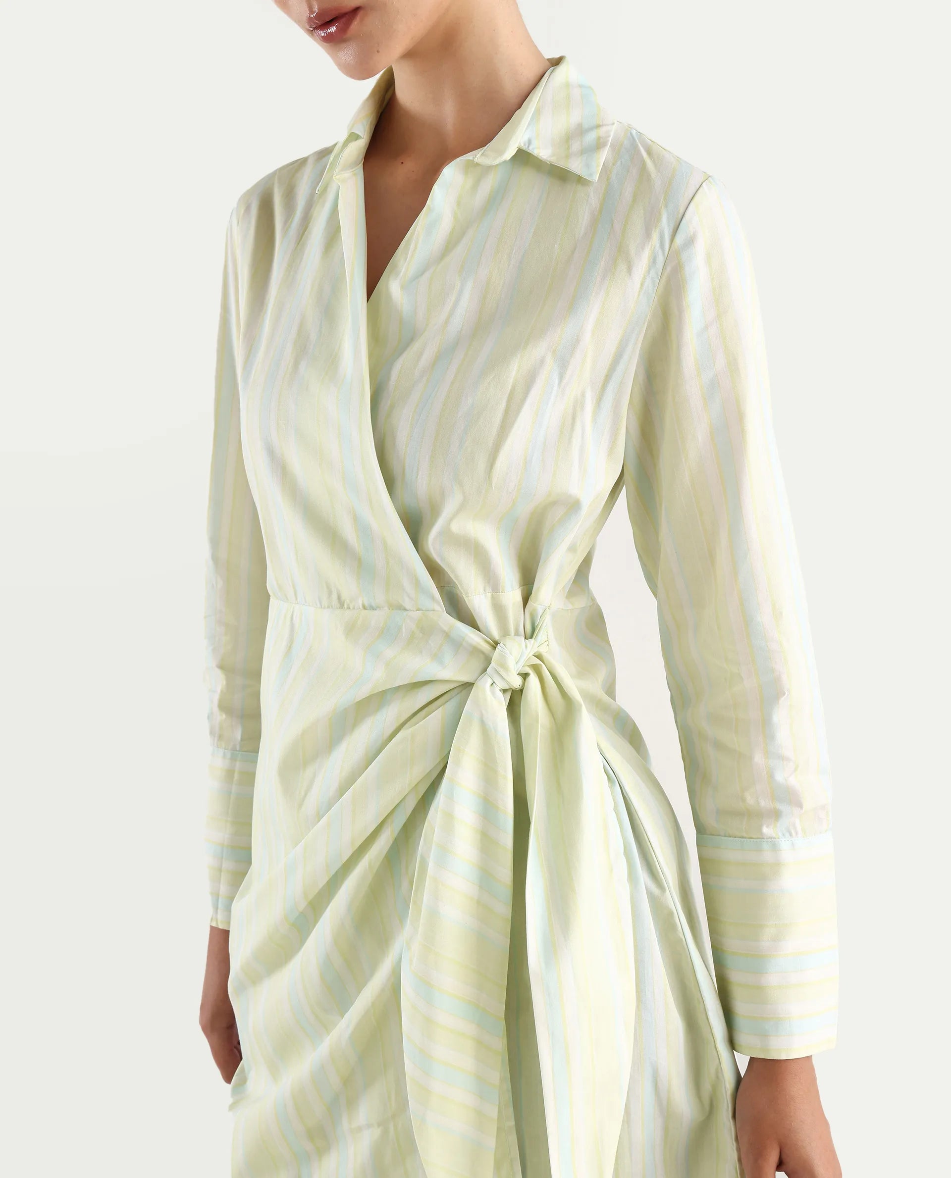 Rareism Women's Pregun Multi Cotton Johnny Collar Striped Mini Straight Fit Dress