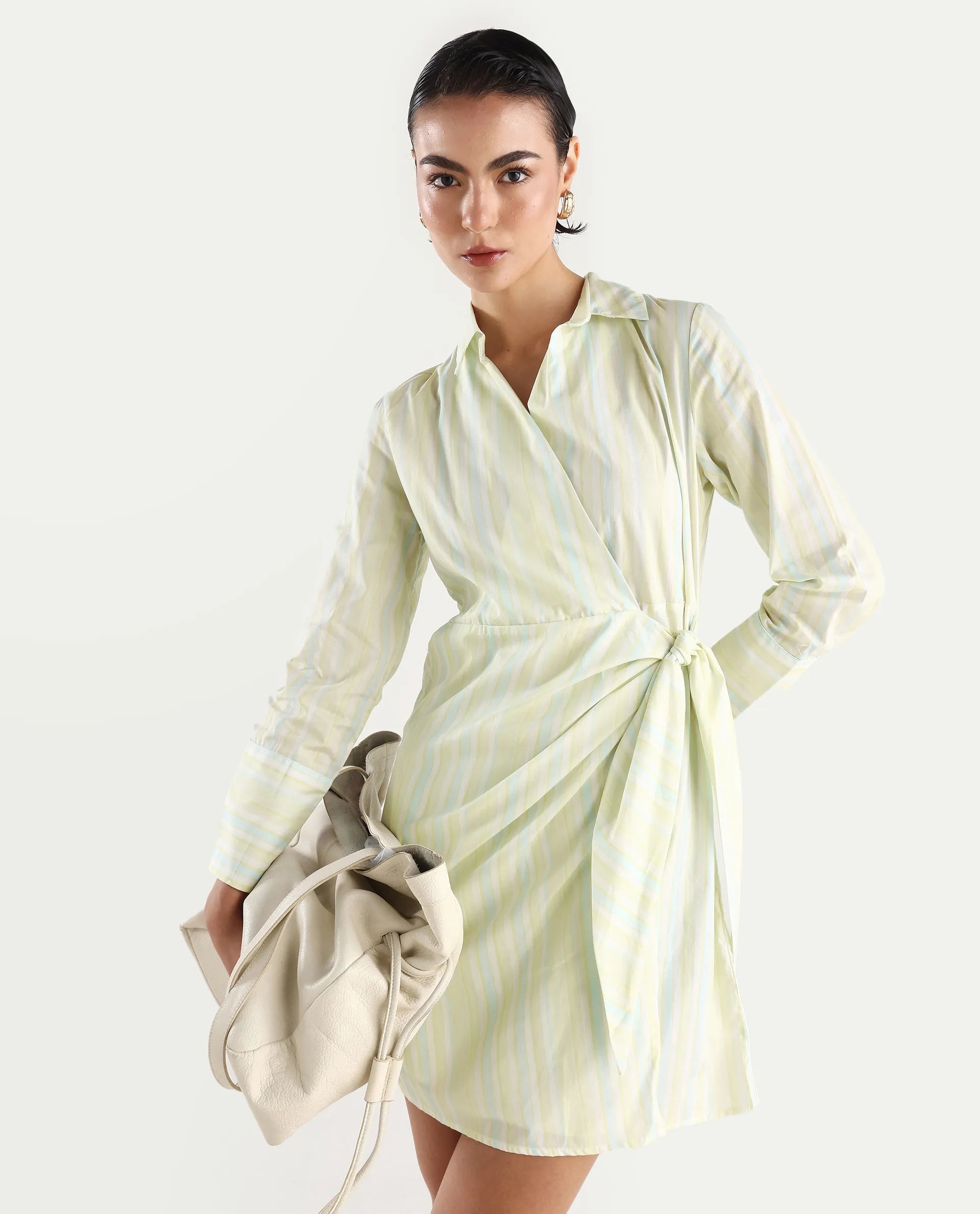 Rareism Women's Pregun Multi Cotton Johnny Collar Striped Mini Straight Fit Dress