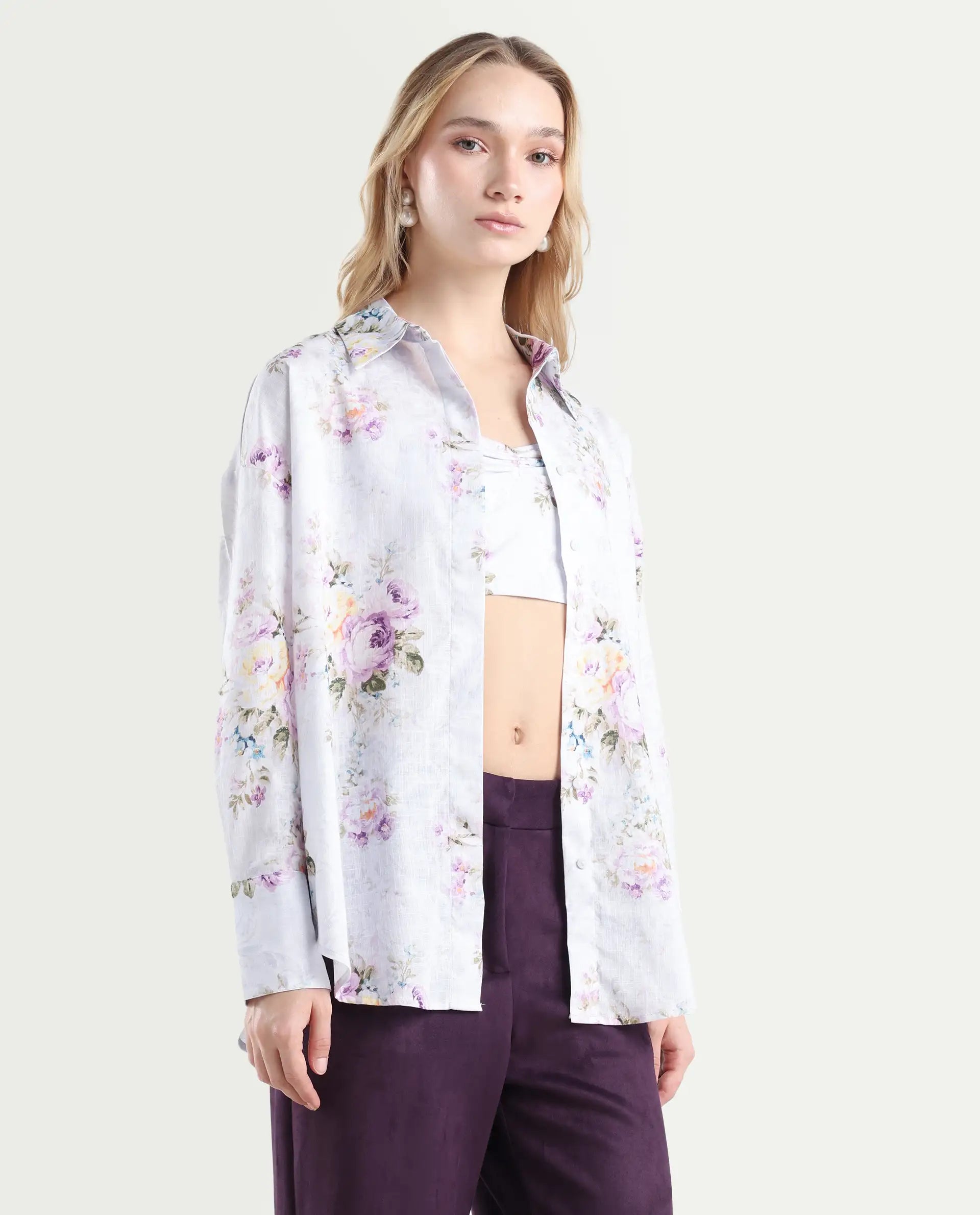 Rareism Women's Preguy Multi Cotton Spread Collar Floral Print Cuffed Sleeve Regular Fit Shirt