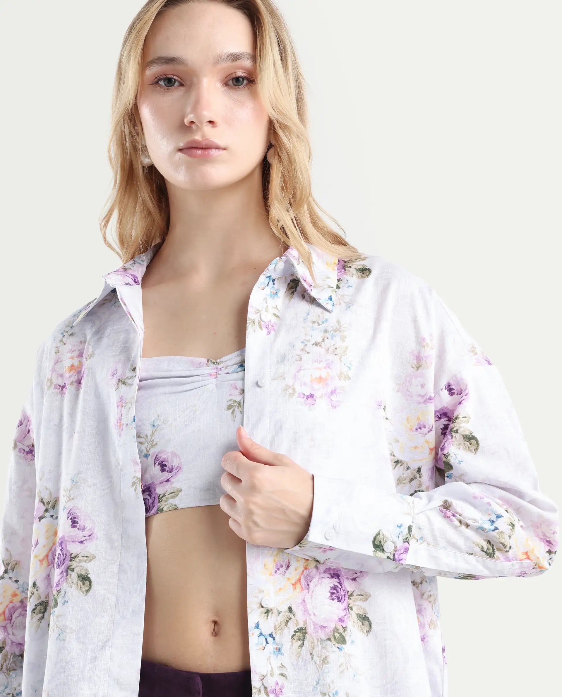 Rareism Women's Preguy Multi Cotton Spread Collar Floral Print Cuffed Sleeve Regular Fit Shirt