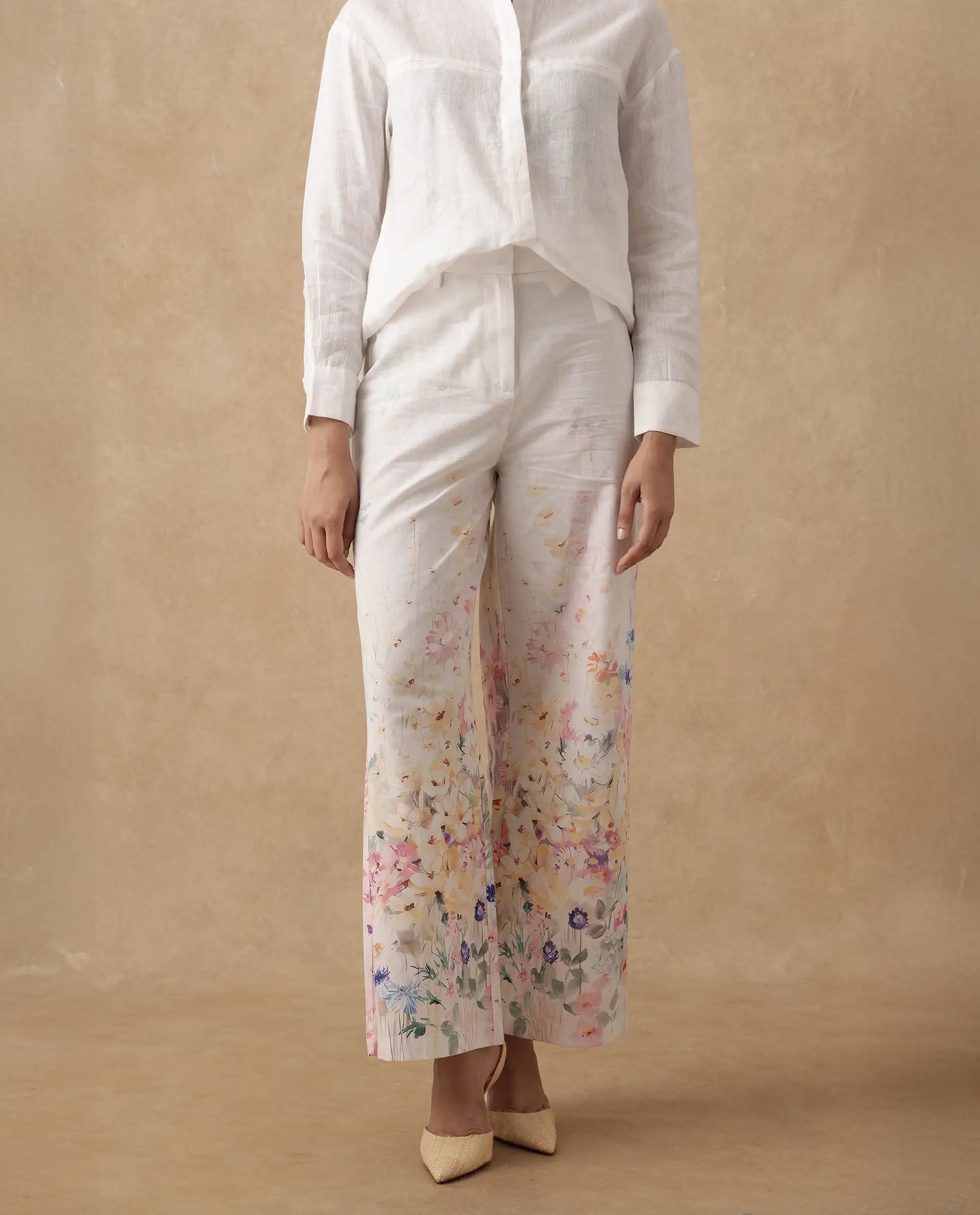 Rareism Women's Prejino White Cotton Floral Print Ankle Length Straight Fit Trouser