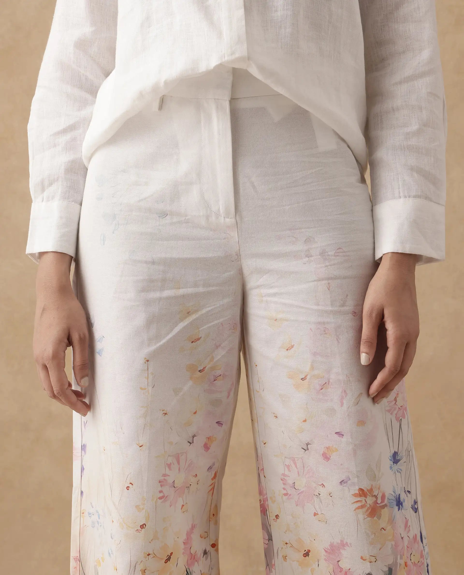 Rareism Women's Prejino White Cotton Floral Print Ankle Length Straight Fit Trouser