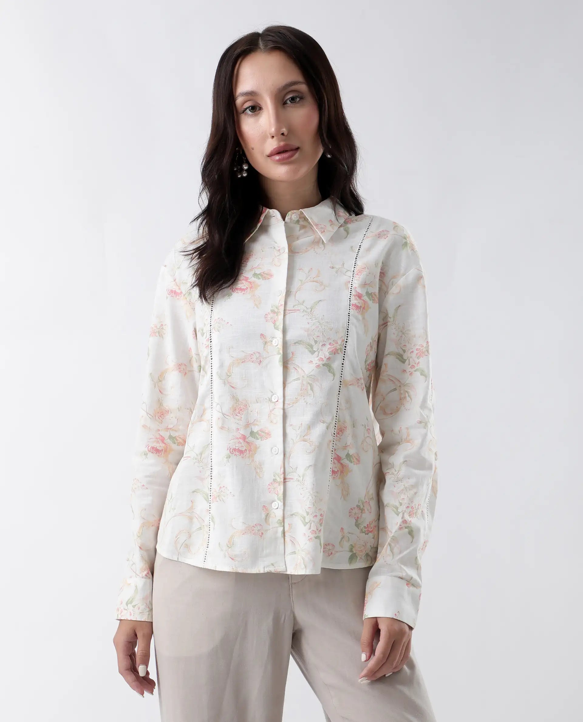 Rareism Women's Prejol Multi Cotton Spread Collar Floral Print Cuffed Sleeve Regular Fit Shirt