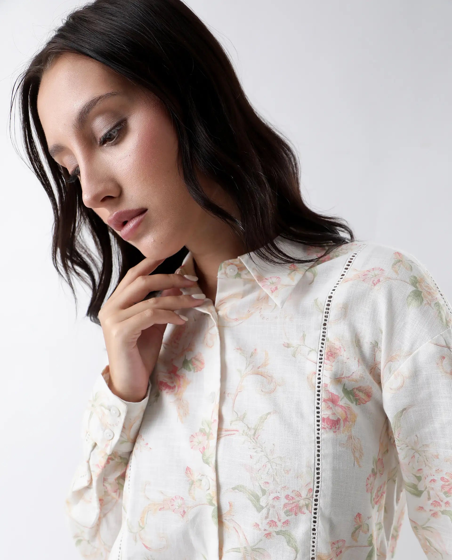 Rareism Women's Prejol Multi Cotton Spread Collar Floral Print Cuffed Sleeve Regular Fit Shirt