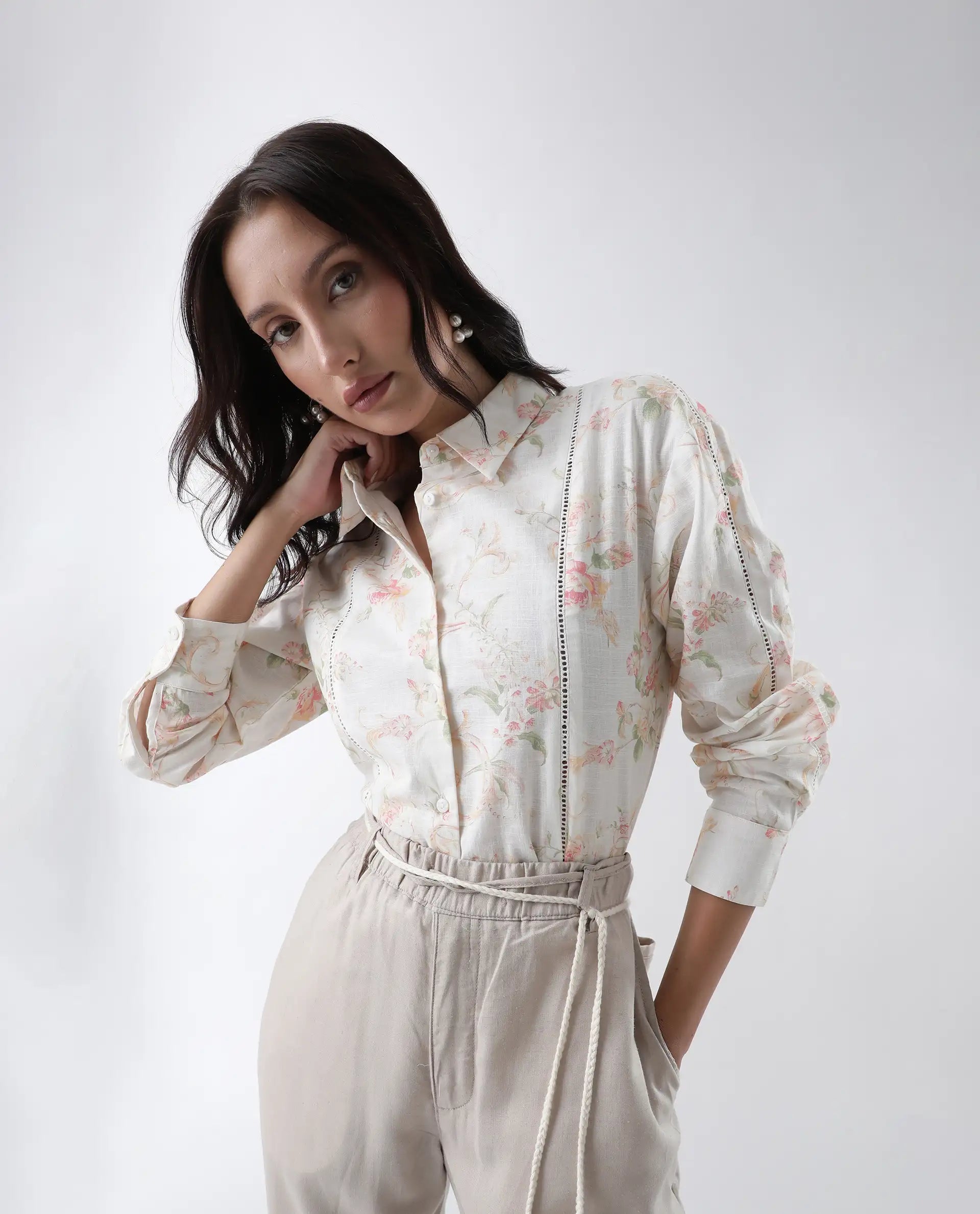 Rareism Women's Prejol Multi Cotton Spread Collar Floral Print Cuffed Sleeve Regular Fit Shirt