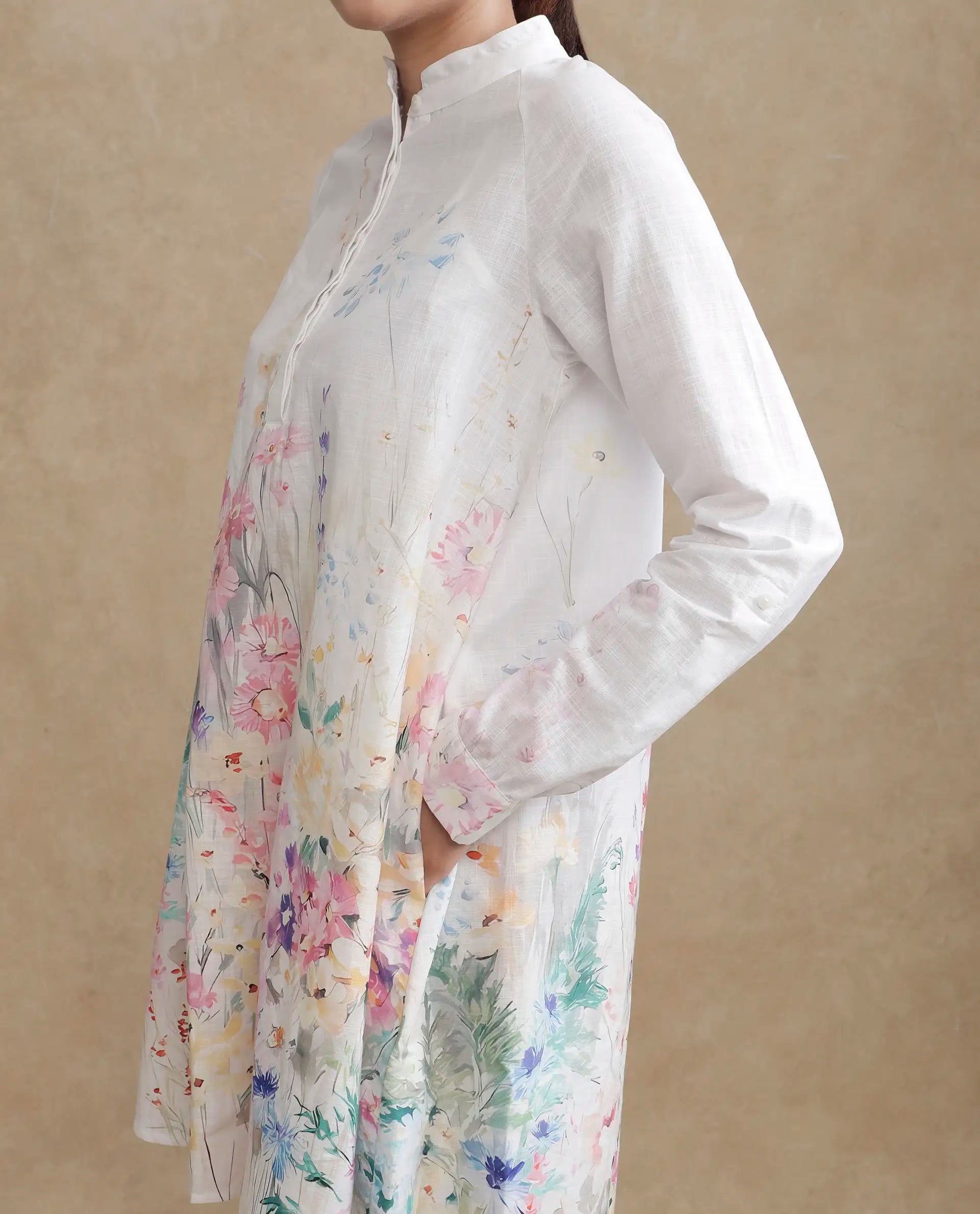 Rareism Women's Prekli Multi Cotton Mandarin Collar Floral Print Extended Sleeves Mini Flared Dress