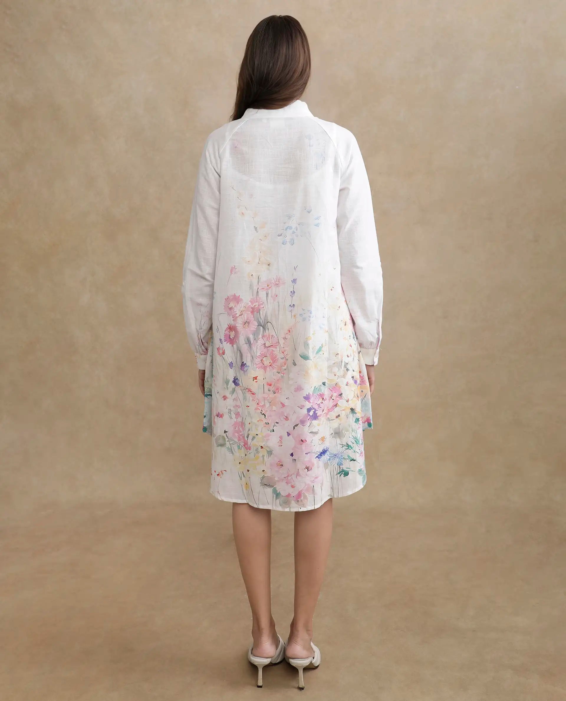 Rareism Women's Prekli Multi Cotton Mandarin Collar Floral Print Extended Sleeves Mini Flared Dress