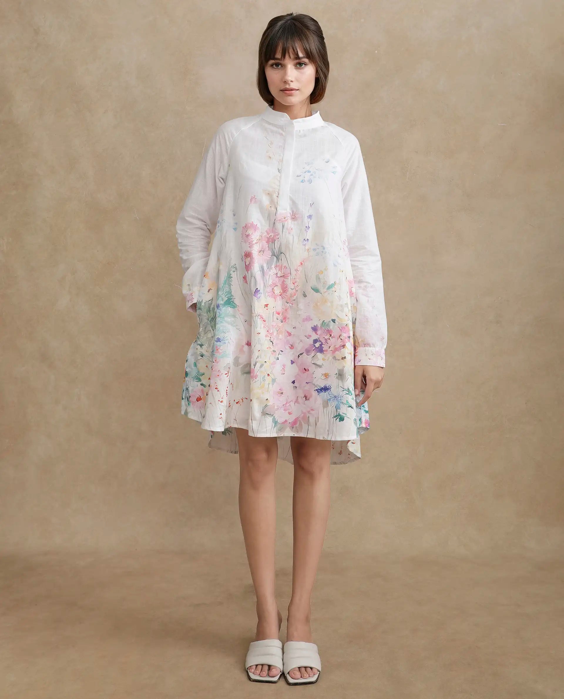 Rareism Women's Prekli Multi Cotton Mandarin Collar Floral Print Extended Sleeves Mini Flared Dress