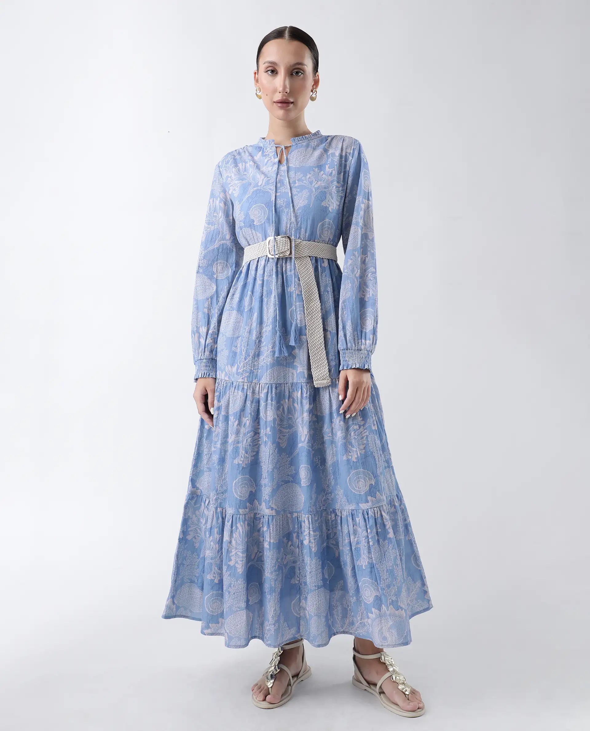 Rareism Women's Prek Purple Cotton Tie-Up Neck Abstract Print Maxi Tiered Dress