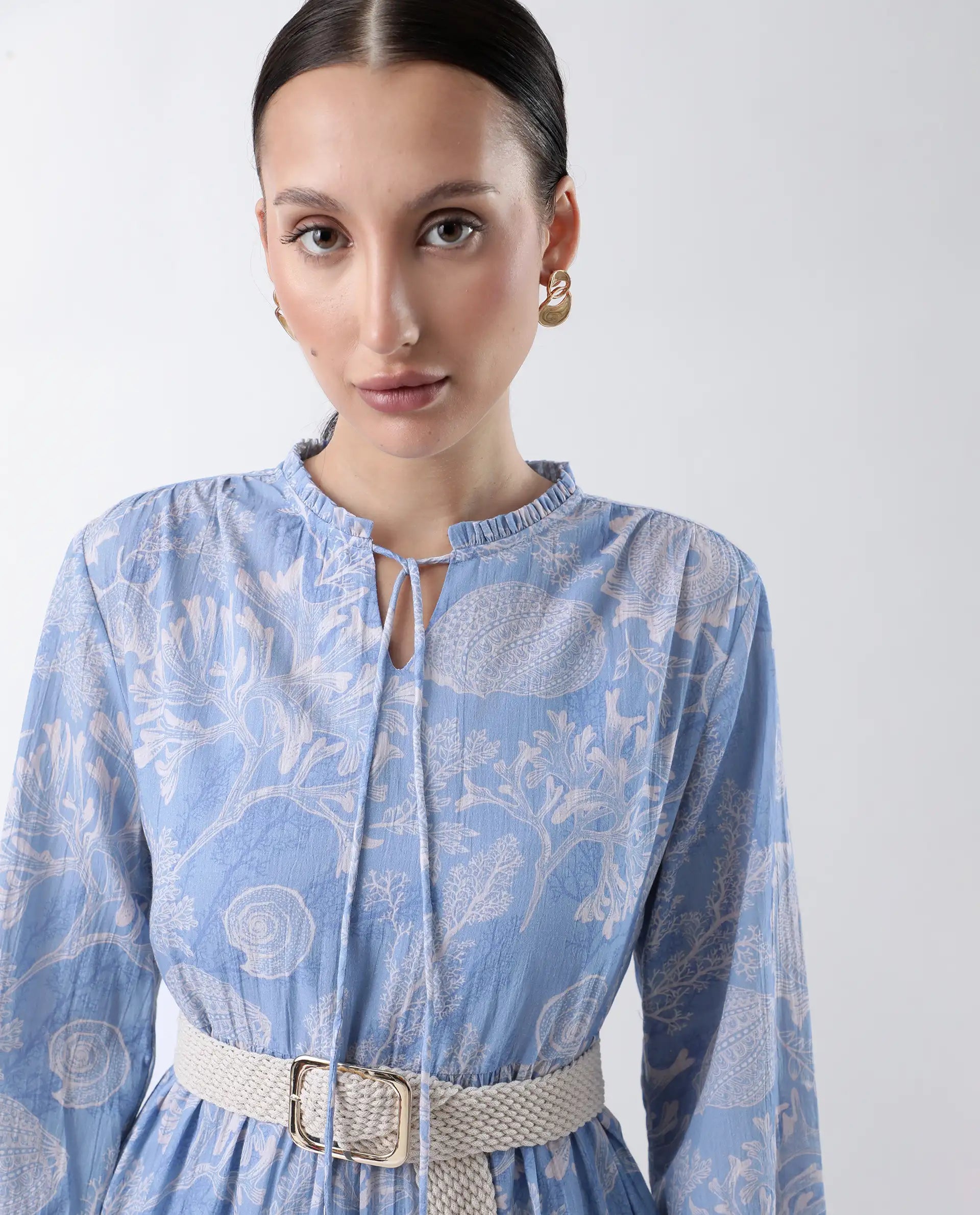 Rareism Women's Prek Purple Cotton Tie-Up Neck Abstract Print Maxi Tiered Dress