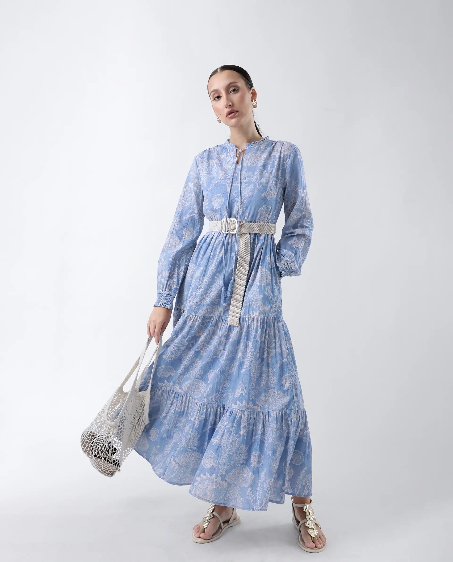 Rareism Women's Prek Purple Cotton Tie-Up Neck Abstract Print Maxi Tiered Dress