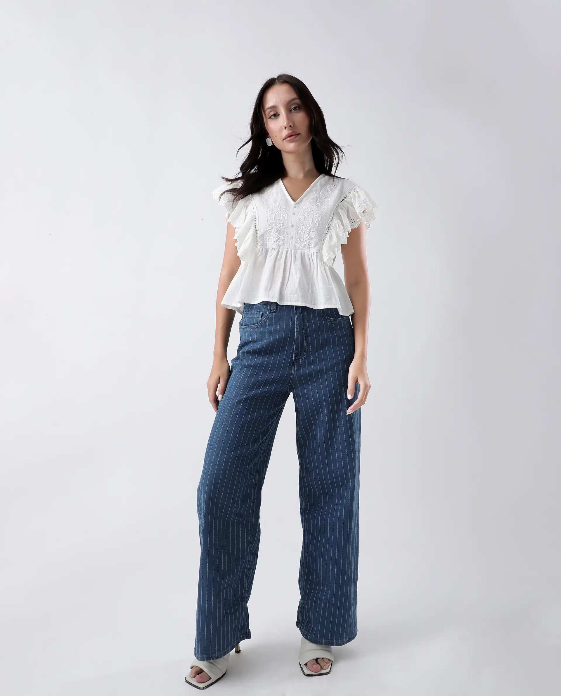 Rareism Women's Preler White Cotton V-Neck Plain Ruffled Sleeve Regular Fit Top