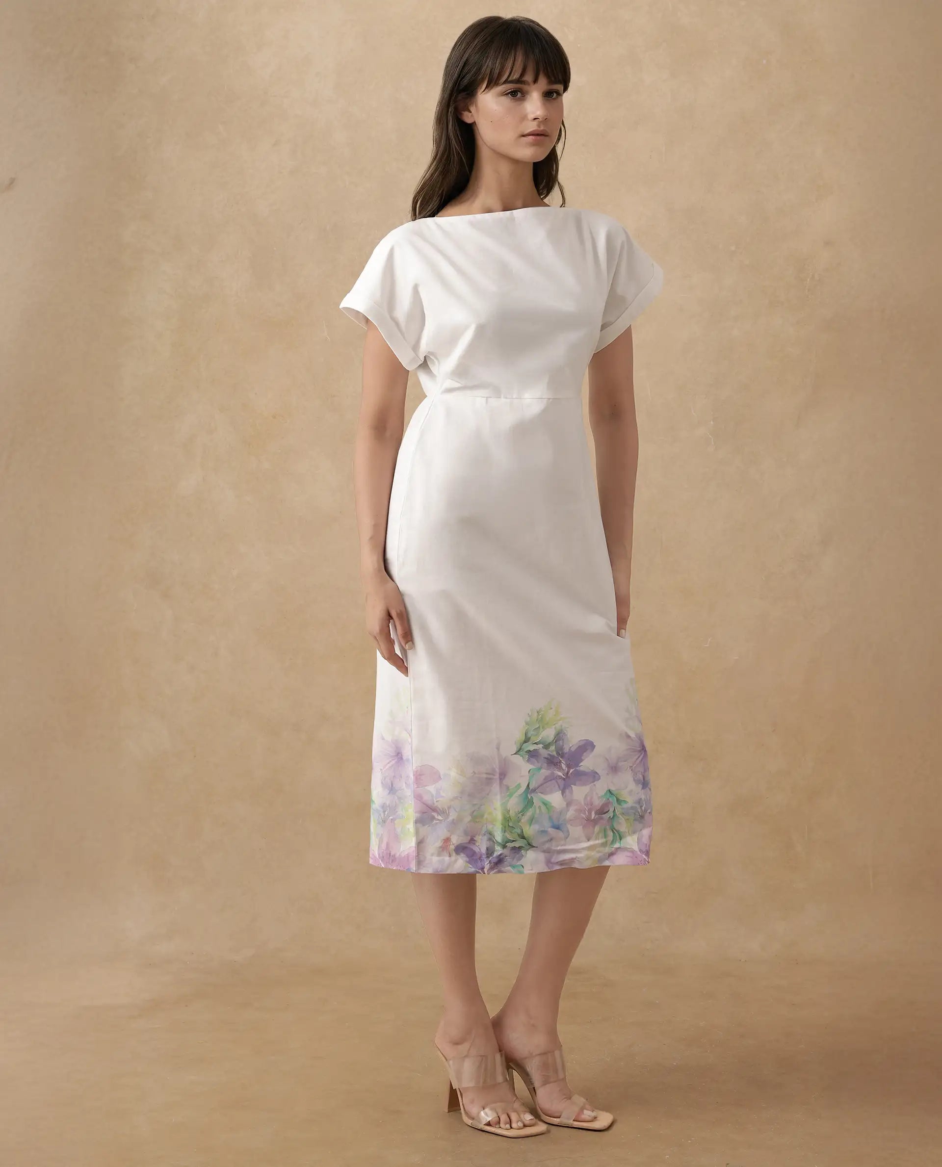 Rareism Women's Prelor White Cotton Boat Neck Floral Print Extended Sleeves Midi Straight Fit Dress