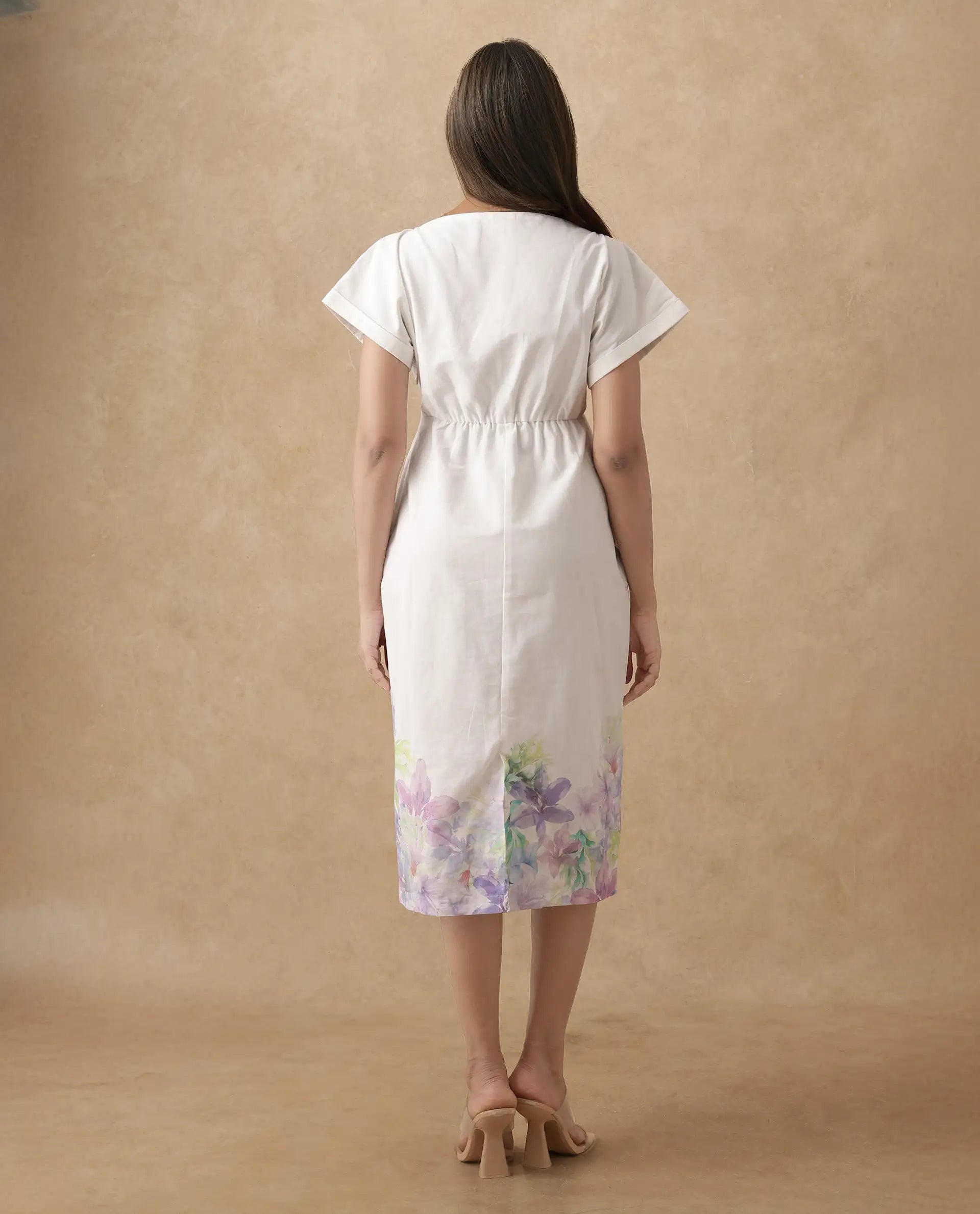 Rareism Women's Prelor White Cotton Boat Neck Floral Print Extended Sleeves Midi Straight Fit Dress