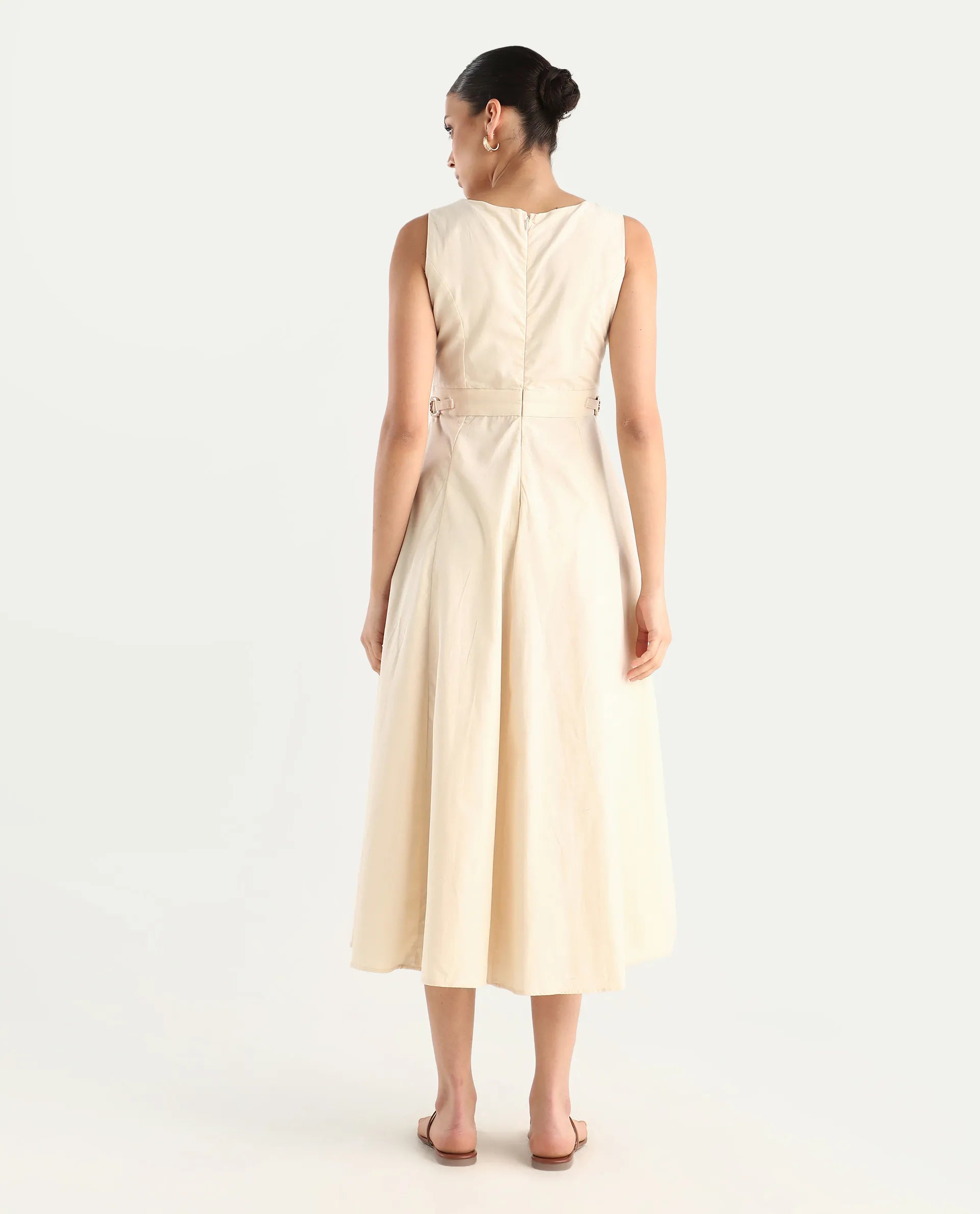 Rareism Women's Prelu Beige Cotton Round Neck Plain Sleeveless Maxi A-Line Dress