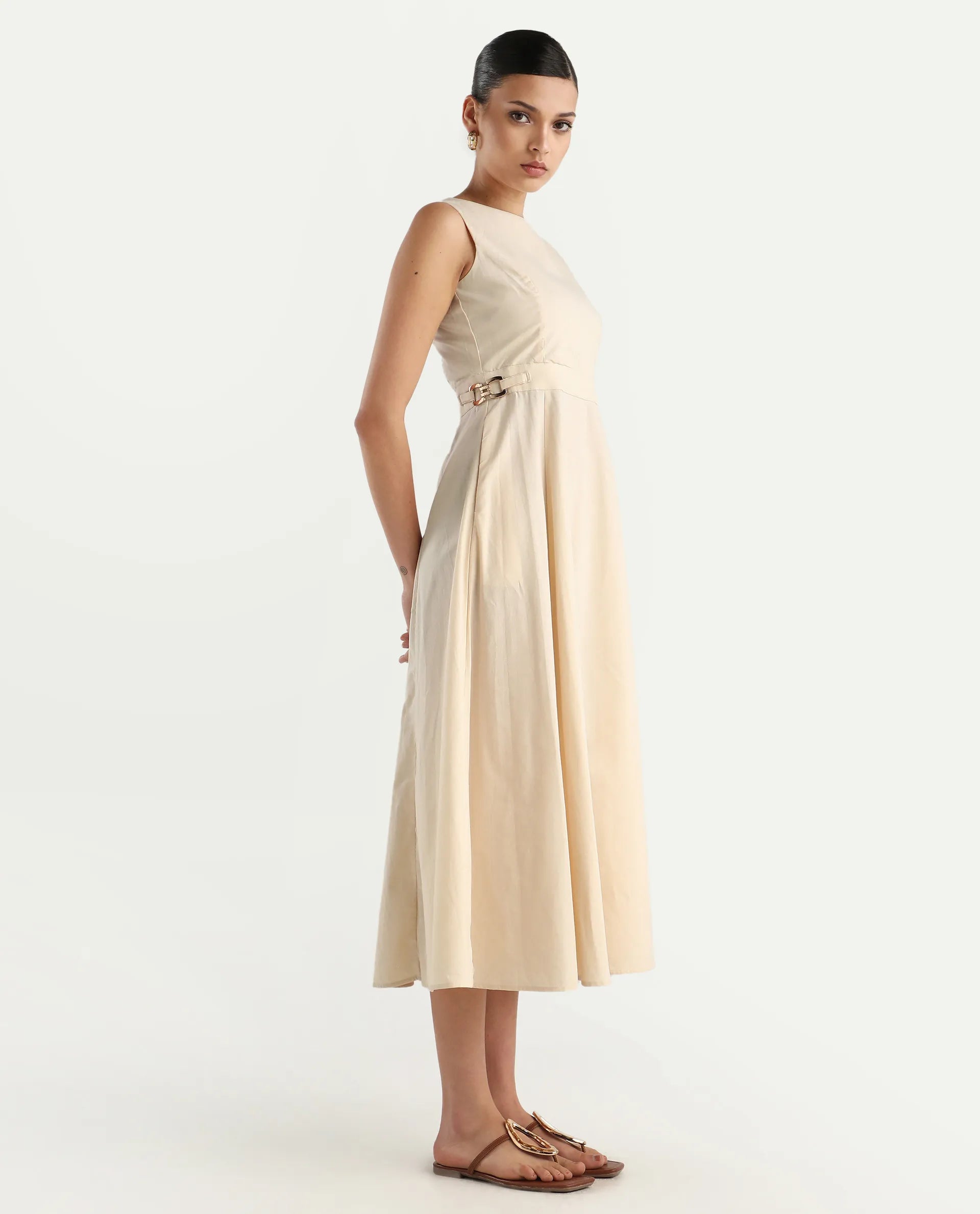 Rareism Women's Prelu Beige Cotton Round Neck Plain Sleeveless Maxi A-Line Dress