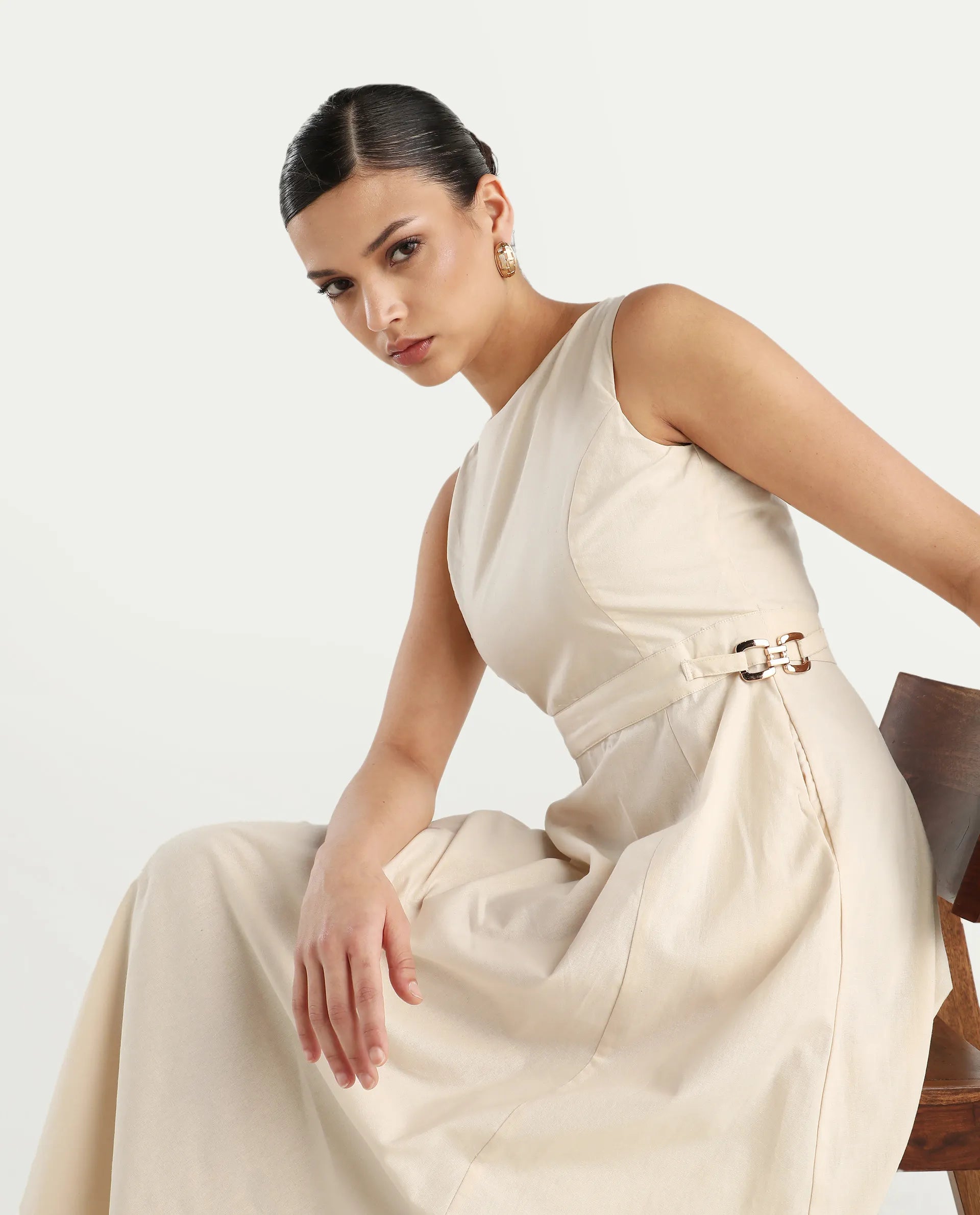 Rareism Women's Prelu Beige Cotton Round Neck Plain Sleeveless Maxi A-Line Dress