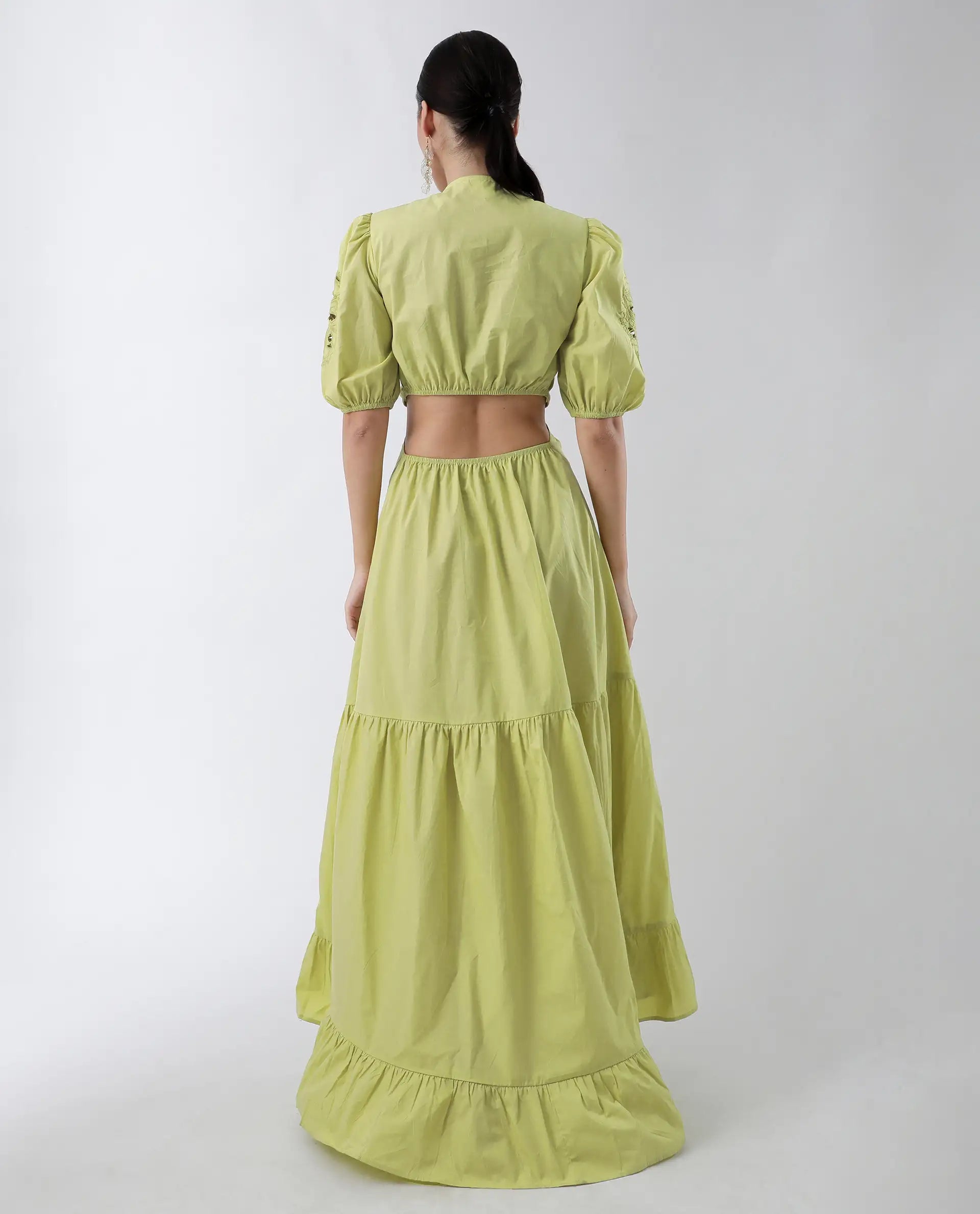 Rareism Women's Premier Green Cotton V-Neck Plain Puff Sleeves Maxi Fit And Flare Dress