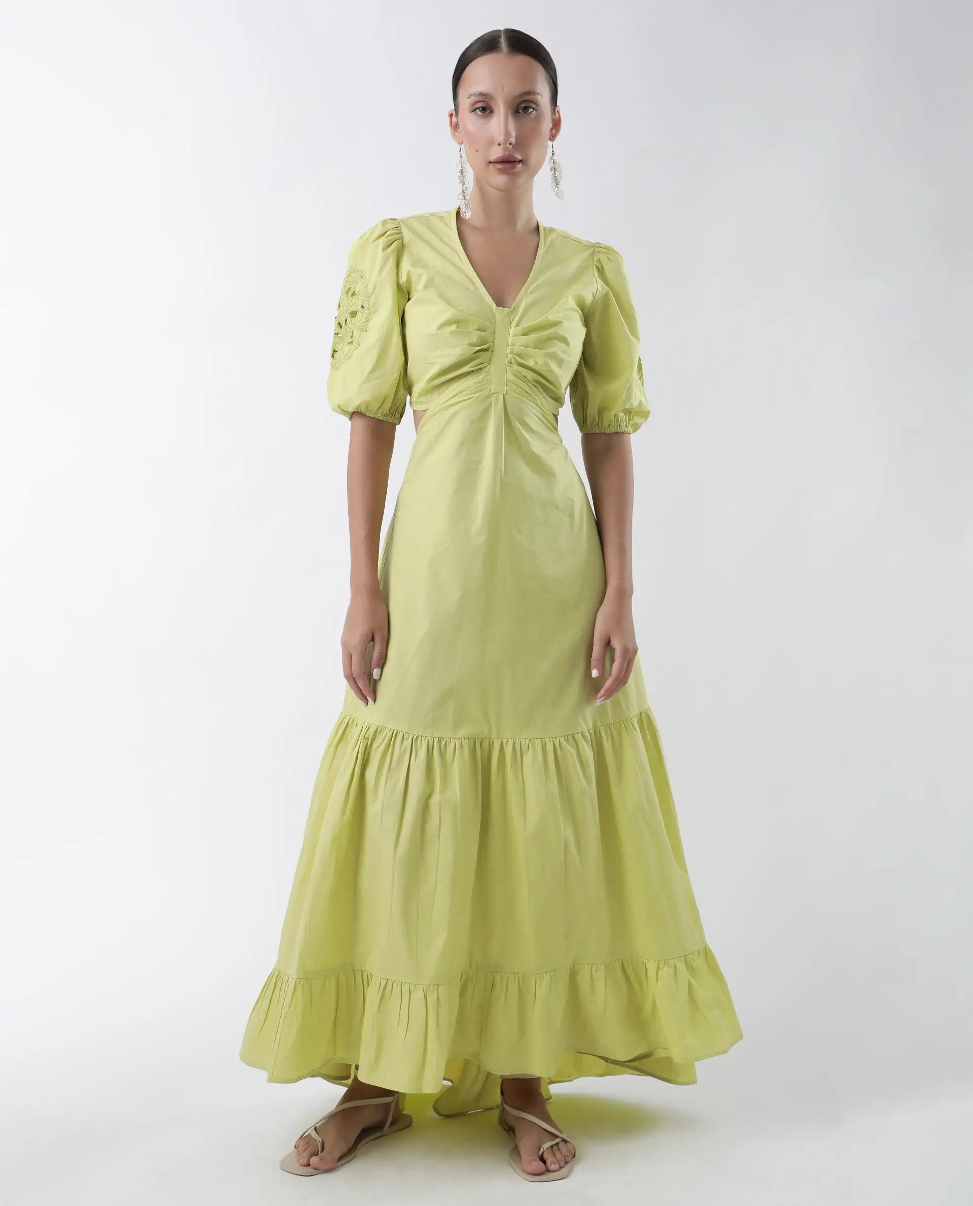 Rareism Women's Premier Green Cotton V-Neck Plain Puff Sleeves Maxi Fit And Flare Dress