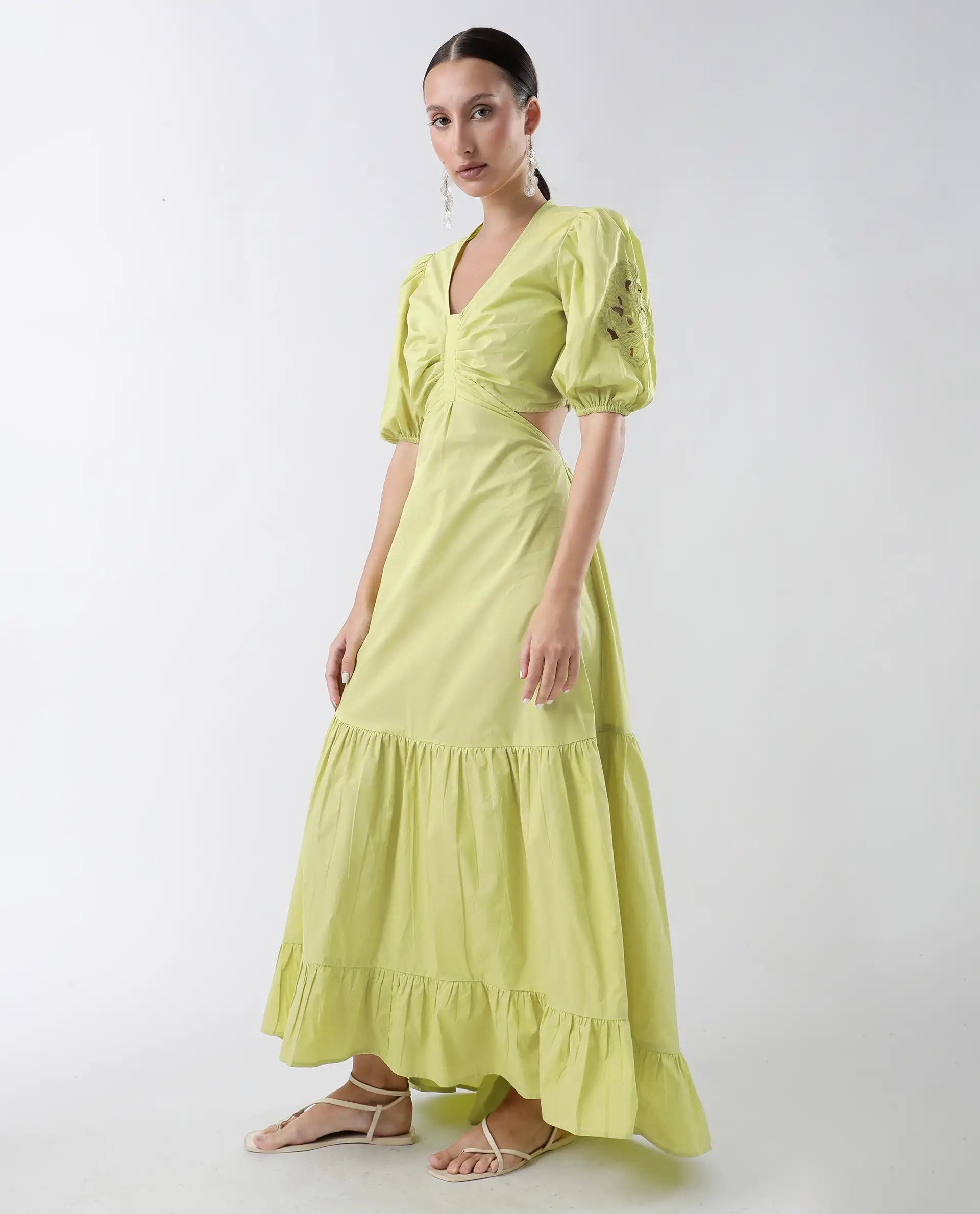 Rareism Women's Premier Green Cotton V-Neck Plain Puff Sleeves Maxi Fit And Flare Dress