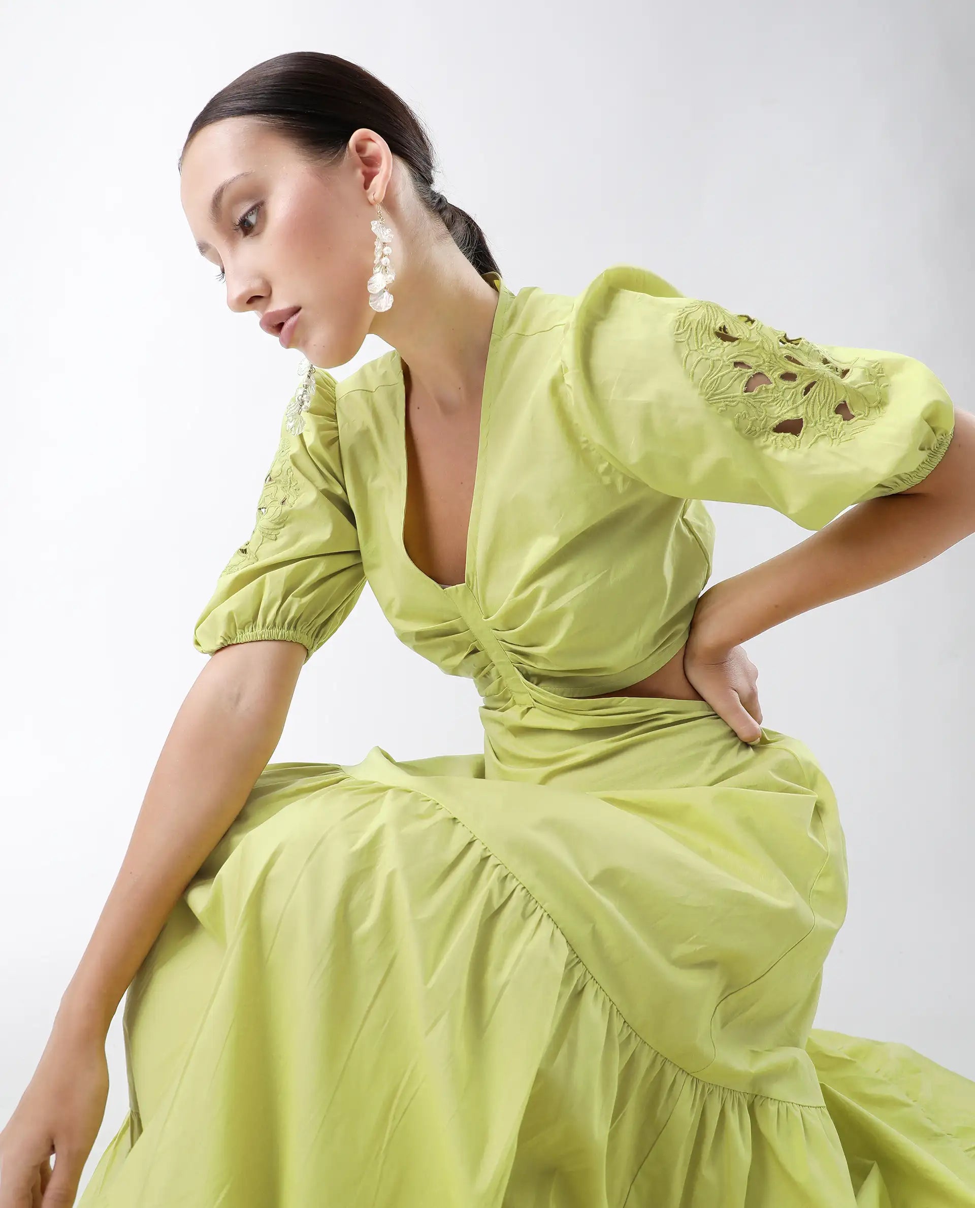 Rareism Women's Premier Green Cotton V-Neck Plain Puff Sleeves Maxi Fit And Flare Dress