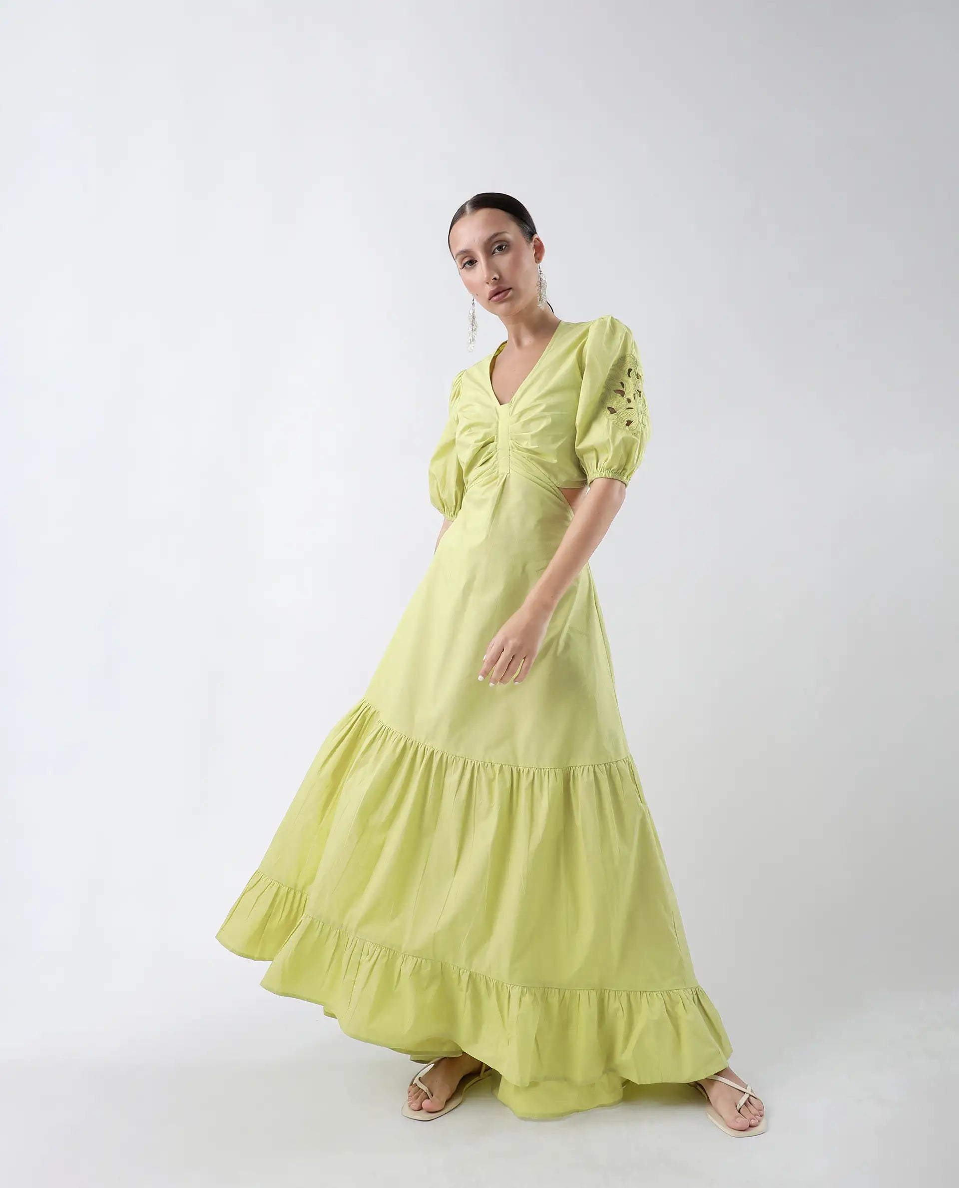 Rareism Women's Premier Green Cotton V-Neck Plain Puff Sleeves Maxi Fit And Flare Dress