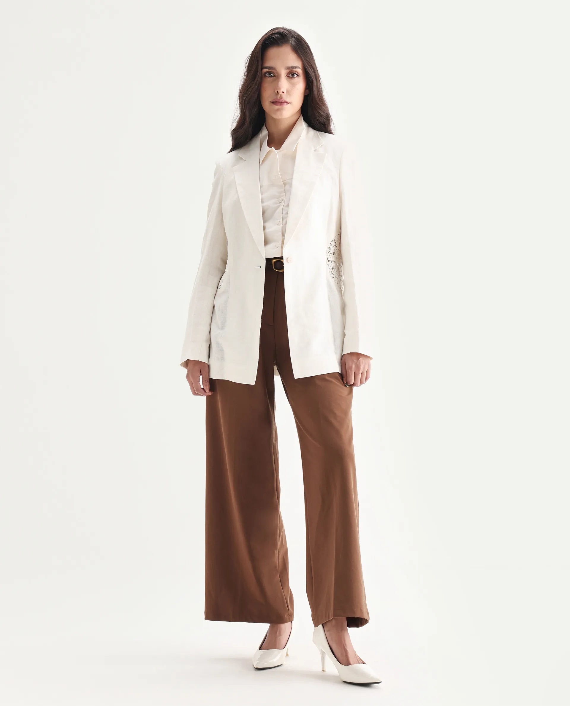 Rareism Women's Prender Off White Linen Lapel Neck Regular Fit Plain Blazer