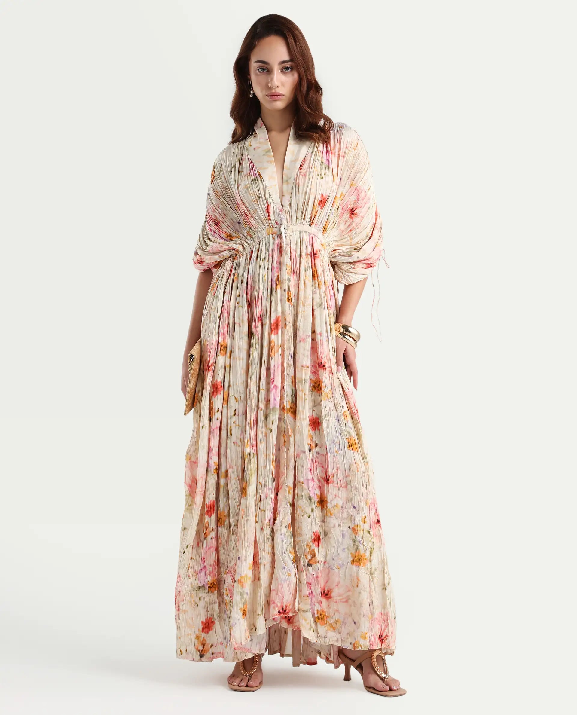 Rareism Women's Prenok Multi Viscose V-Neck Floral Print Kimono Sleeve Maxi Straight Fit Dress