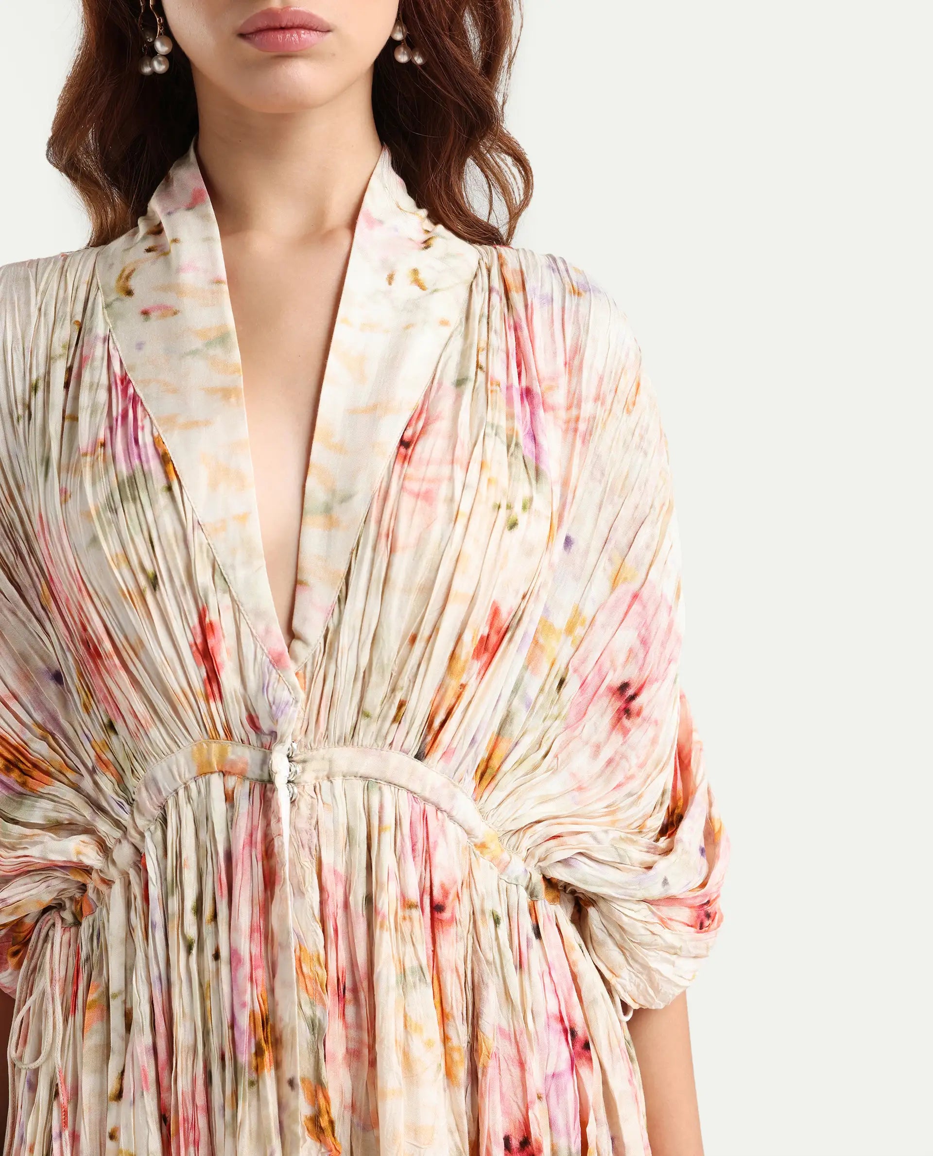 Rareism Women's Prenok Multi Viscose V-Neck Floral Print Kimono Sleeve Maxi Straight Fit Dress