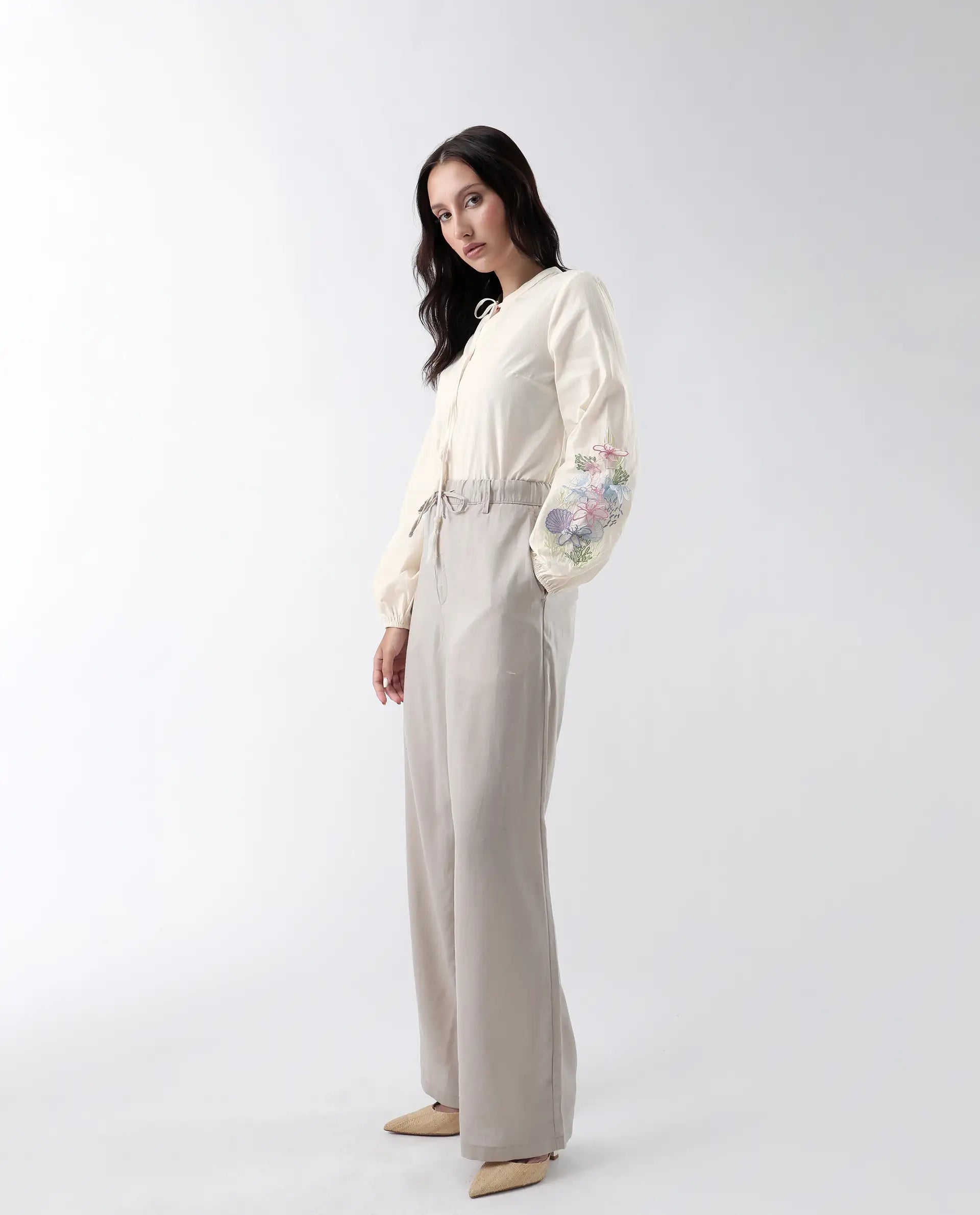 Rareism Women's Prenta-T Beige Cotton Tie-Up Neck Striped Regular Fit Top