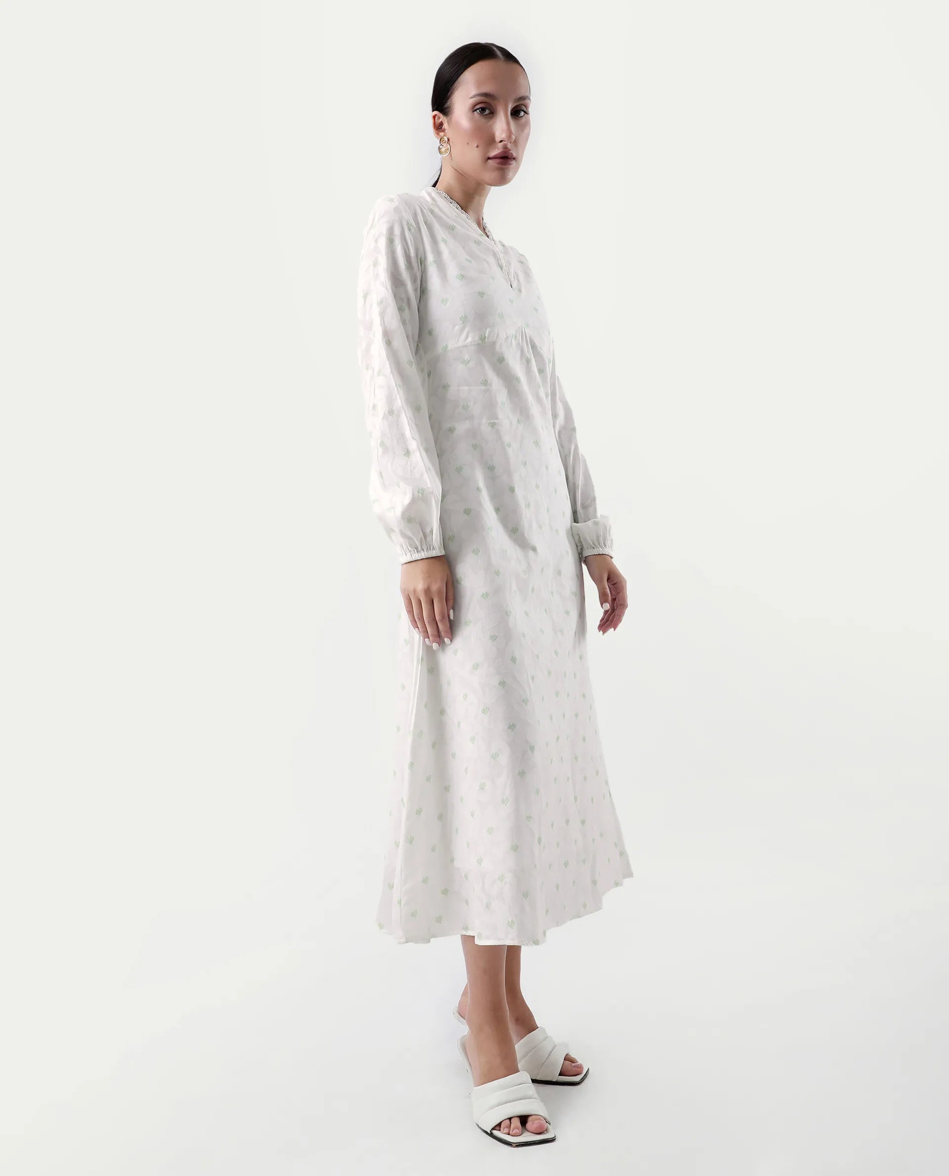 Rareism Women's Prento White Cotton V-Neck Plain Bishop Sleeve Midi Flared Dress