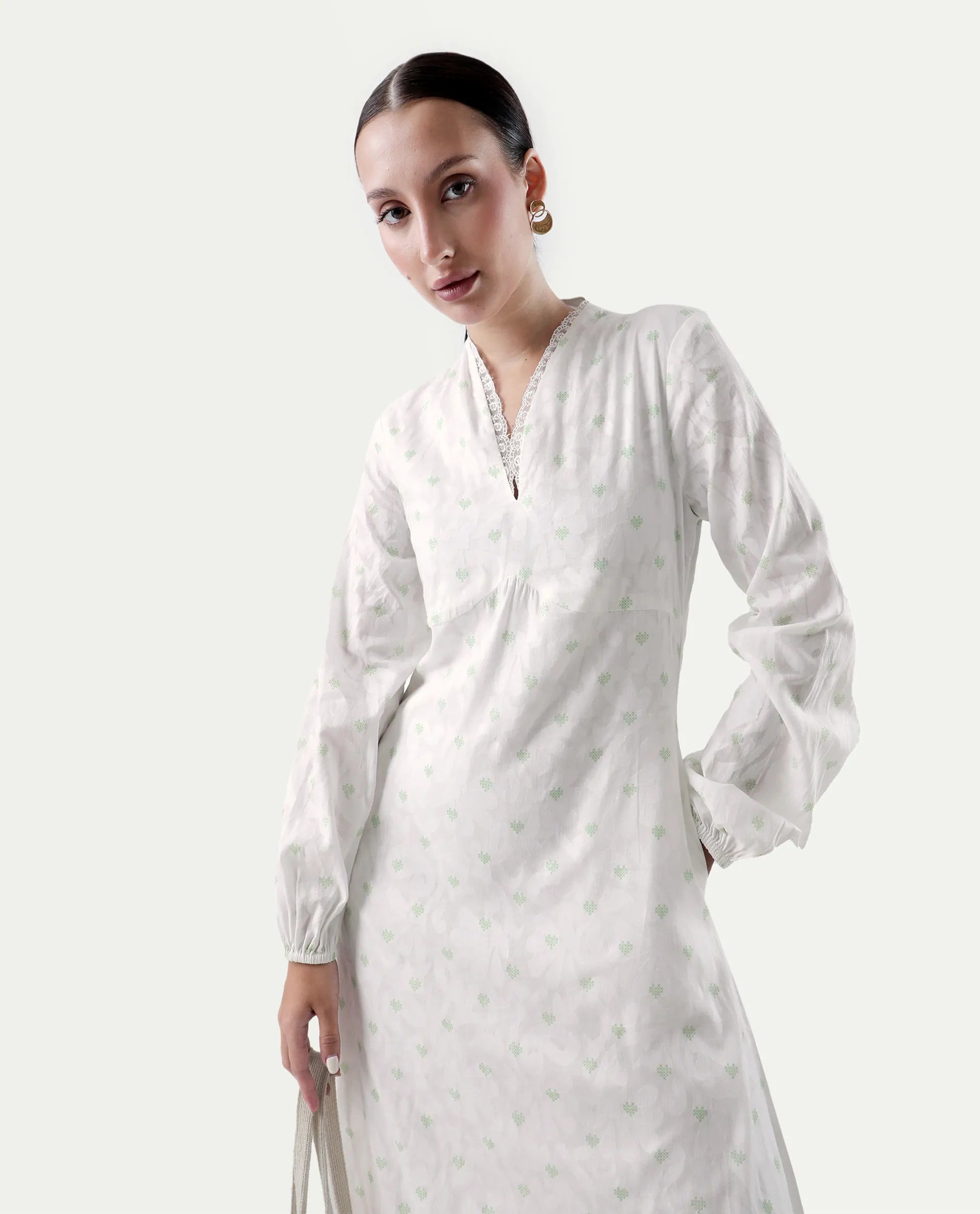 Rareism Women's Prento White Cotton V-Neck Plain Bishop Sleeve Midi Flared Dress