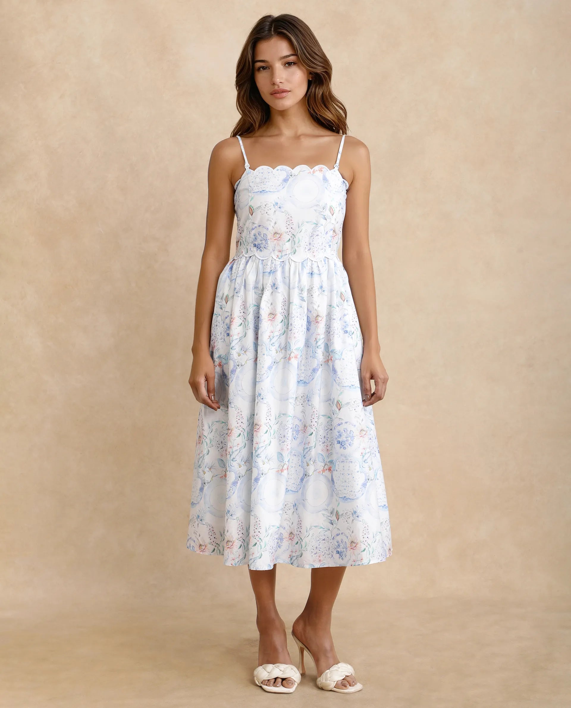 Rareism Women's Prenup Multi Cotton Tube Neck Abstract Print Sleeveless Midi Fit And Flare Dress