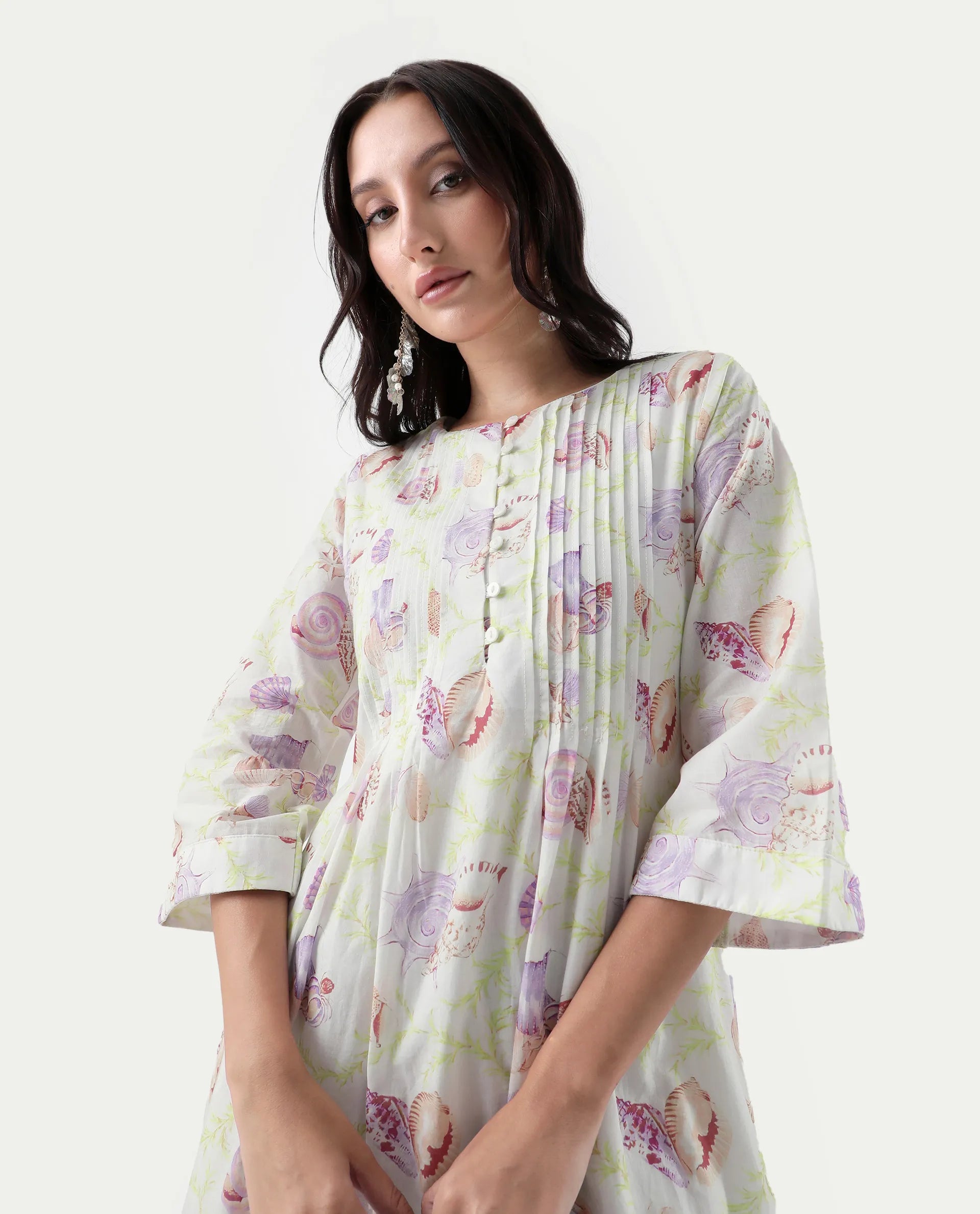 Rareism Women's Preo Multi Cotton Round Neck Abstract Print Bell Sleeve Midi Flared Dress