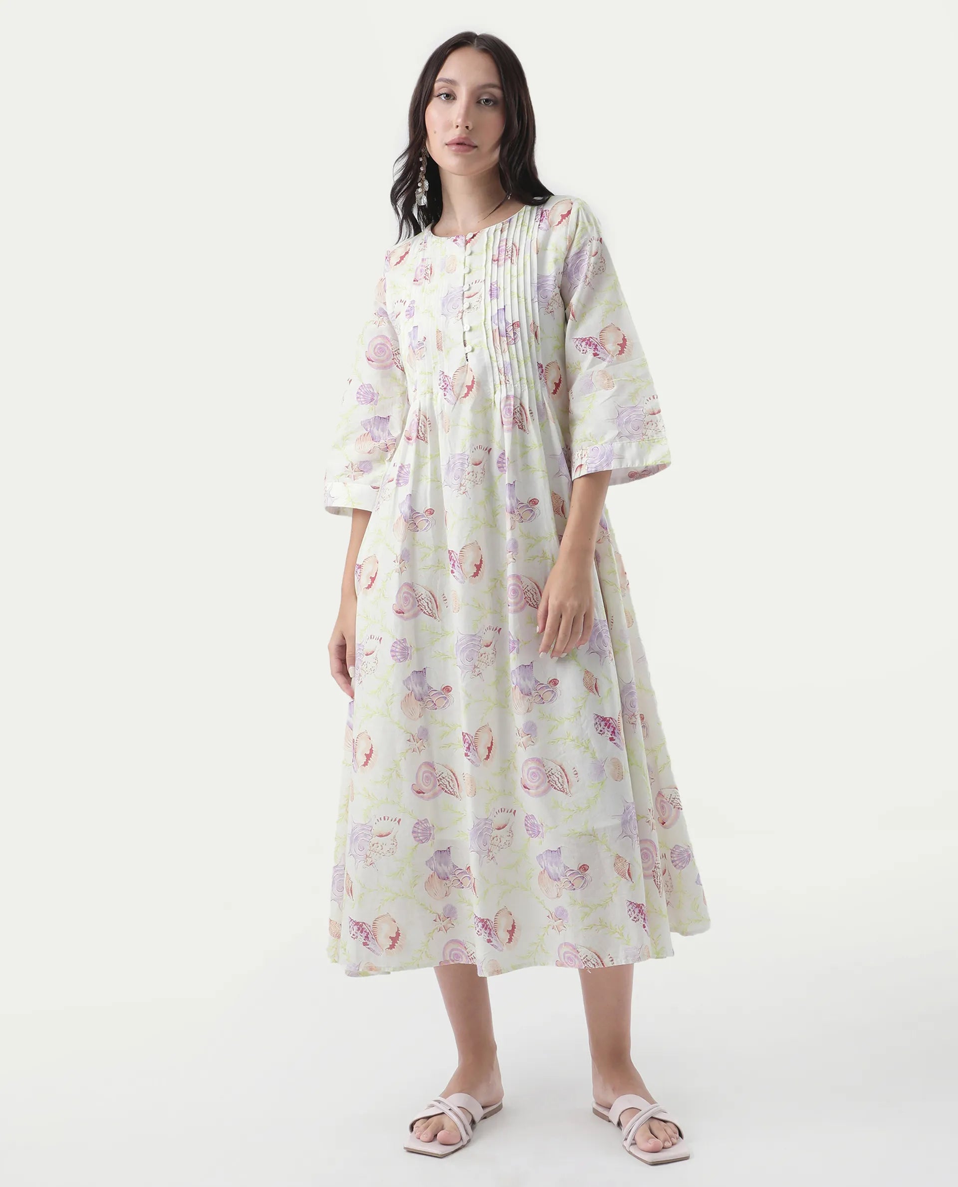 Rareism Women's Preo Multi Cotton Round Neck Abstract Print Bell Sleeve Midi Flared Dress