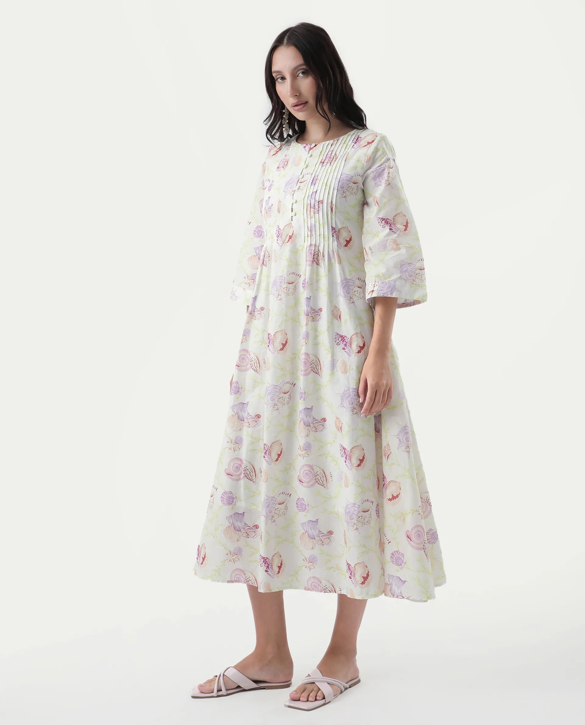 Rareism Women's Preo Multi Cotton Round Neck Abstract Print Bell Sleeve Midi Flared Dress