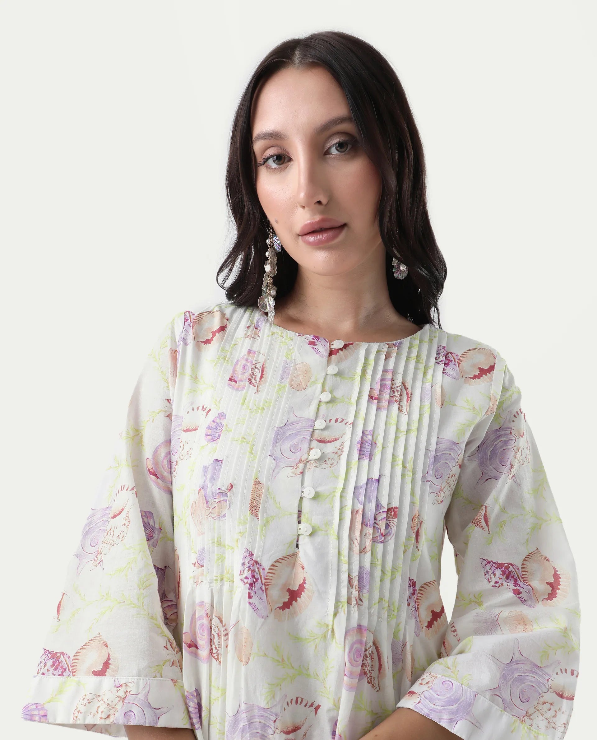 Rareism Women's Preo Multi Cotton Round Neck Abstract Print Bell Sleeve Midi Flared Dress