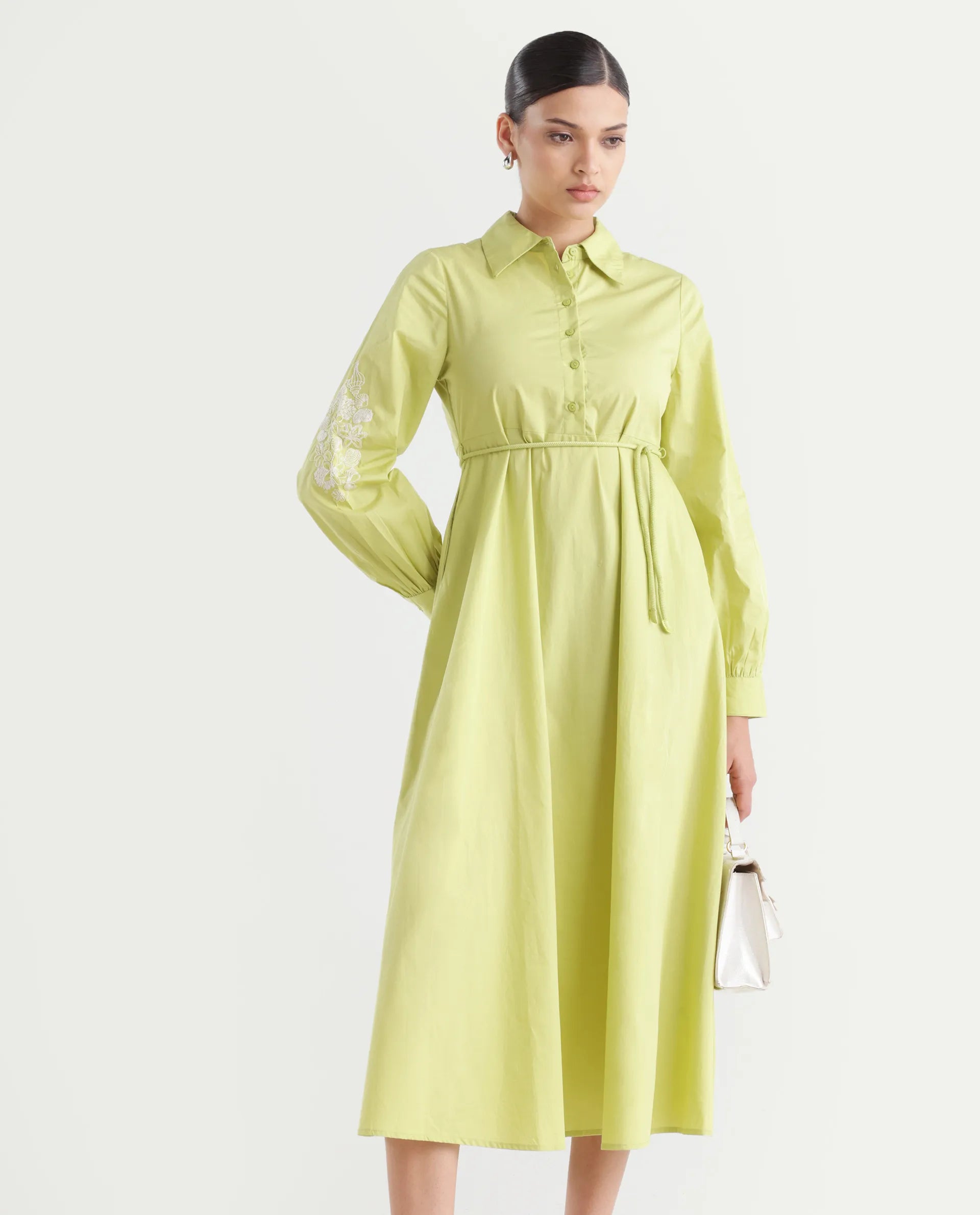 Rareism Women's Prep Green Cotton Spread Collar Plain Balloon Sleeve Midi Fit And Flare Dress