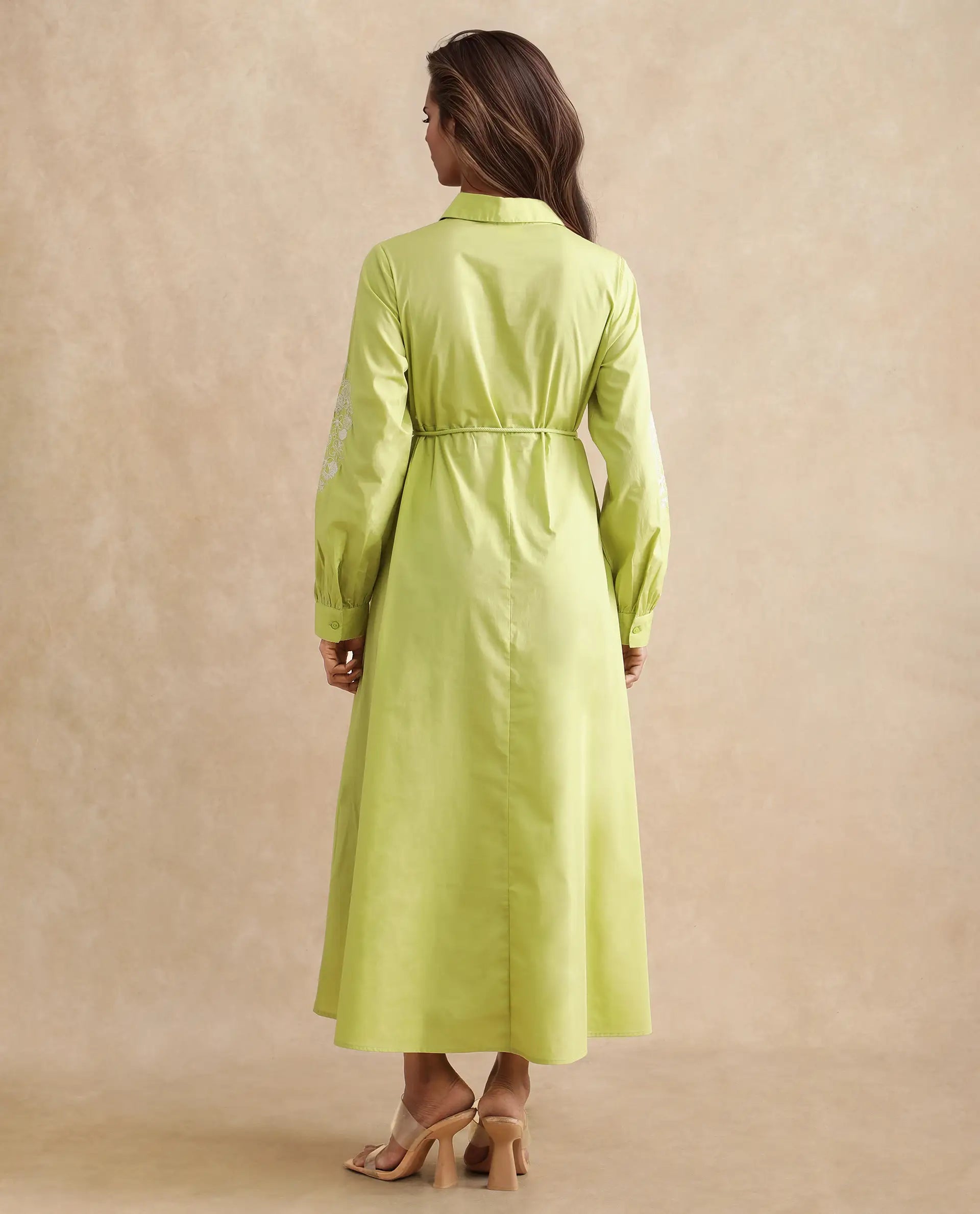 Rareism Women's Prep Green Cotton Spread Collar Plain Balloon Sleeve Midi Fit And Flare Dress