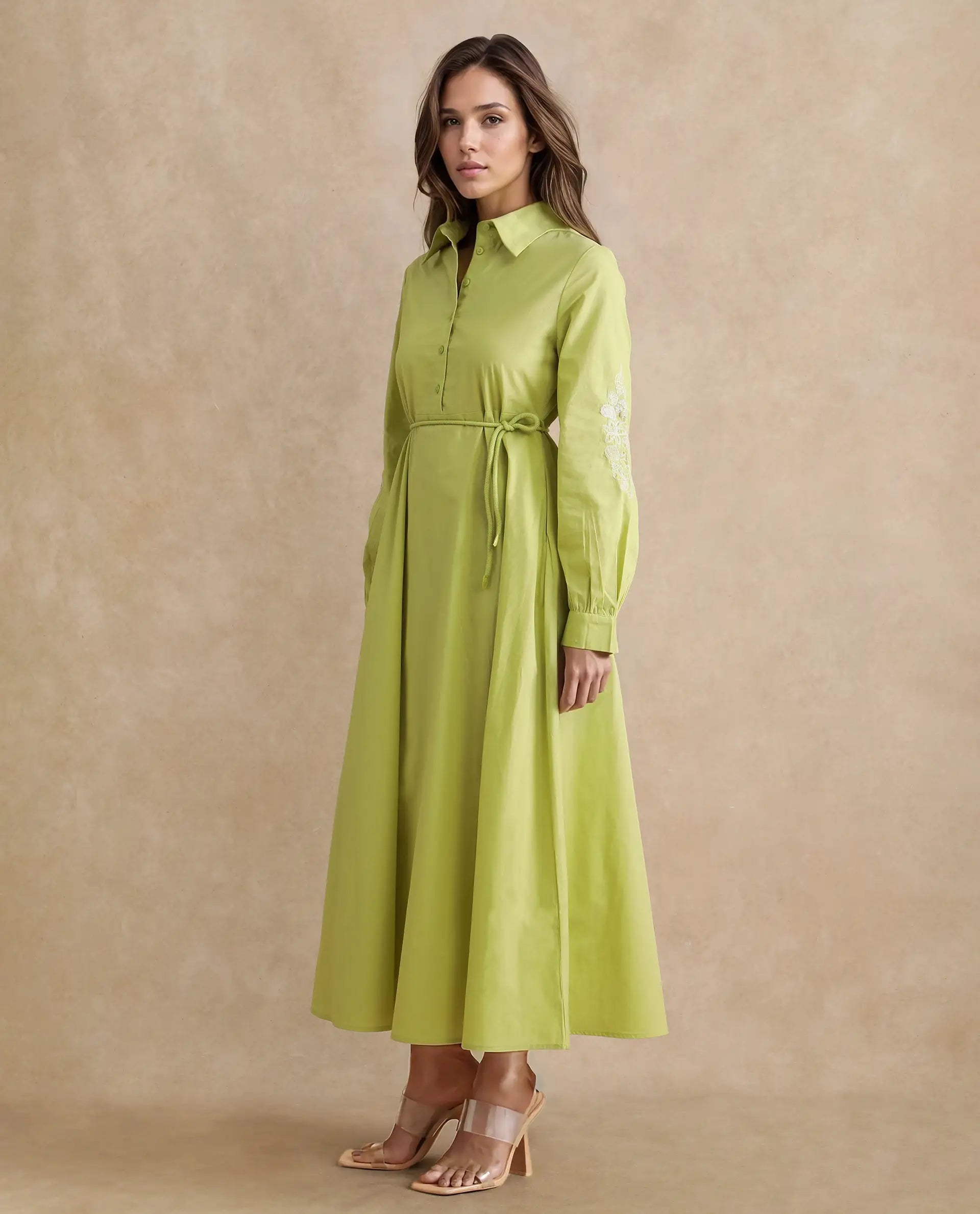 Rareism Women's Prep Green Cotton Spread Collar Plain Balloon Sleeve Midi Fit And Flare Dress