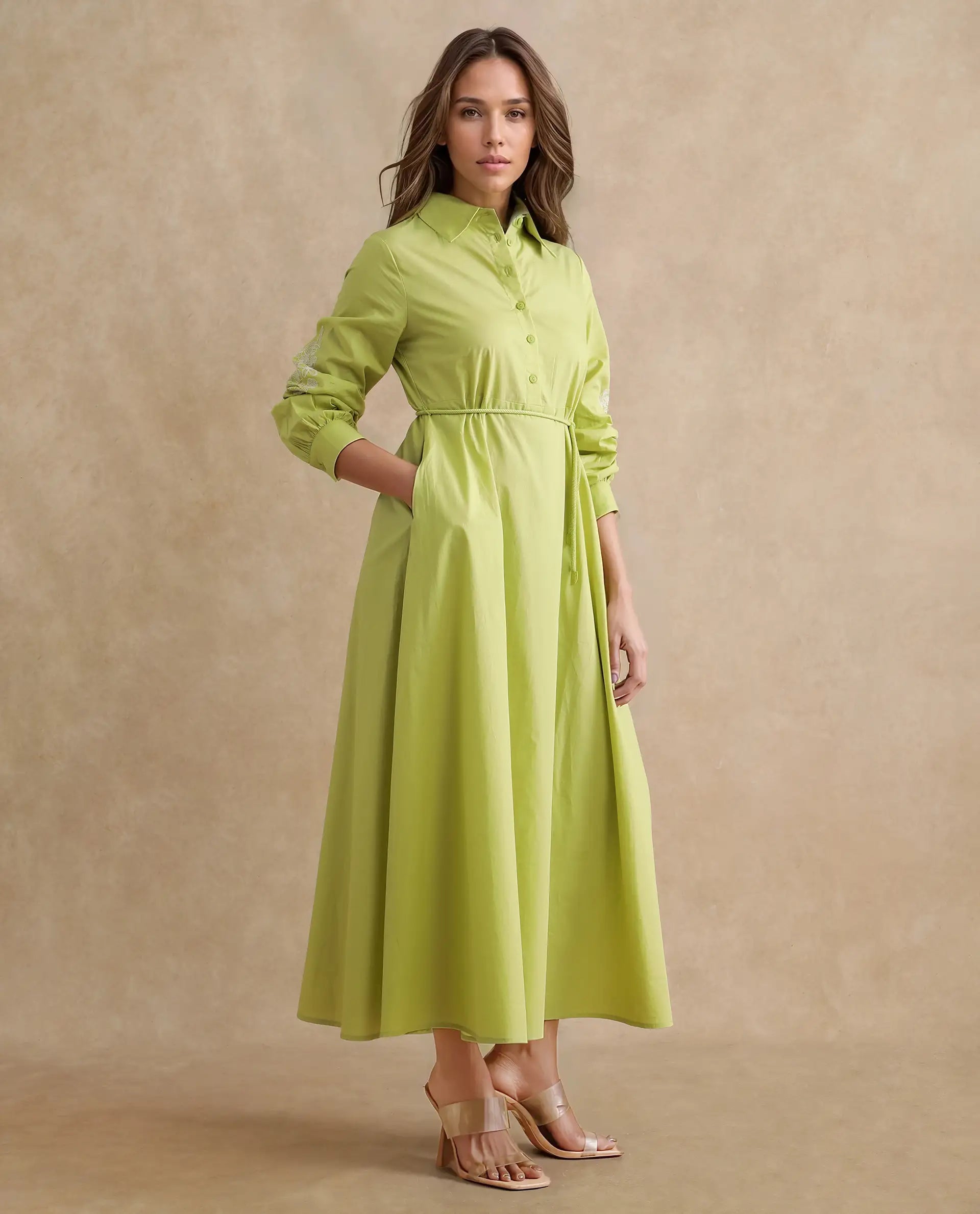 Rareism Women's Prep Green Cotton Spread Collar Plain Balloon Sleeve Midi Fit And Flare Dress