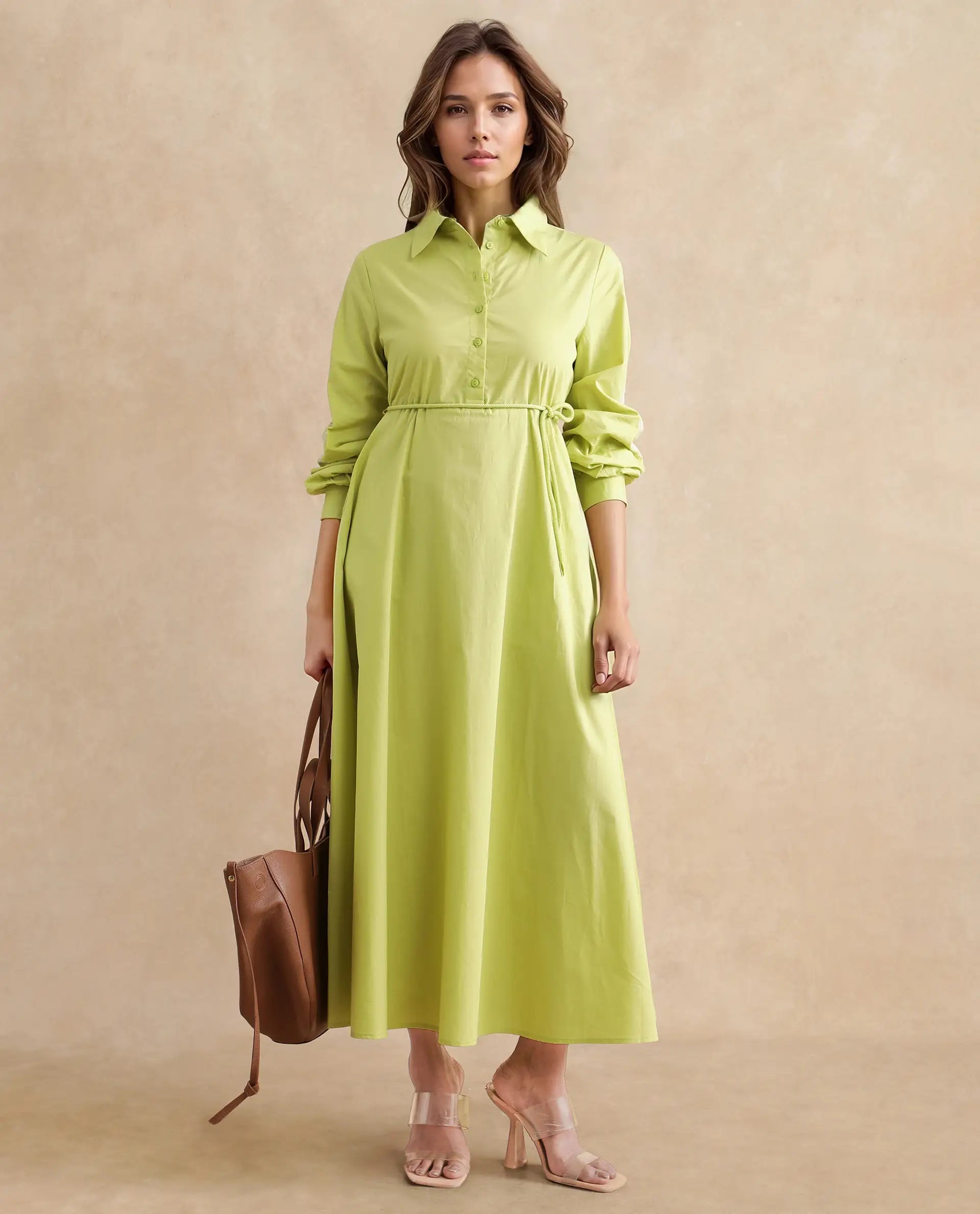 Rareism Women's Prep Green Cotton Spread Collar Plain Balloon Sleeve Midi Fit And Flare Dress