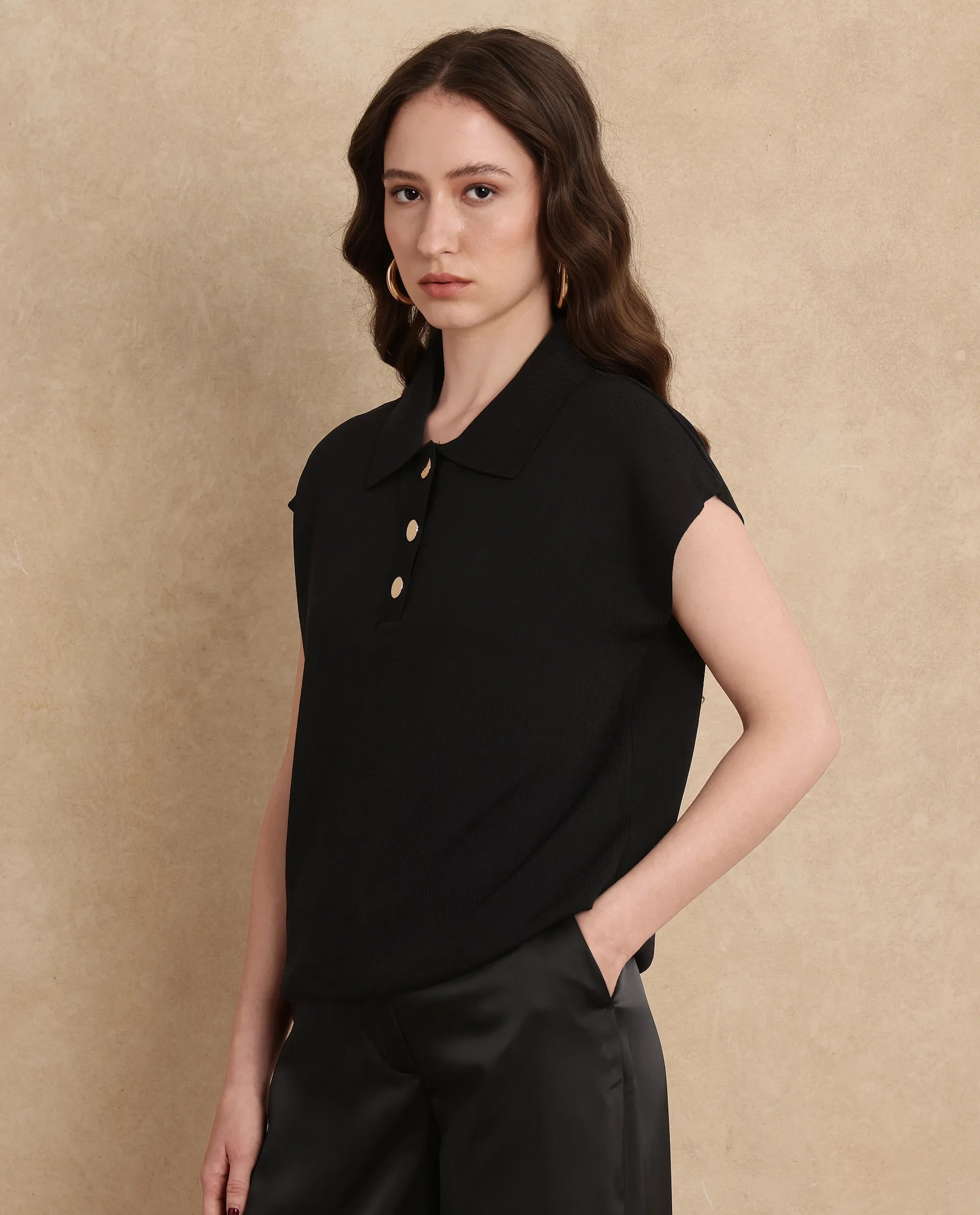 Rareism Women Prepol Black Viscose Blend Fabric Short Sleeve Relaxed Fit Top