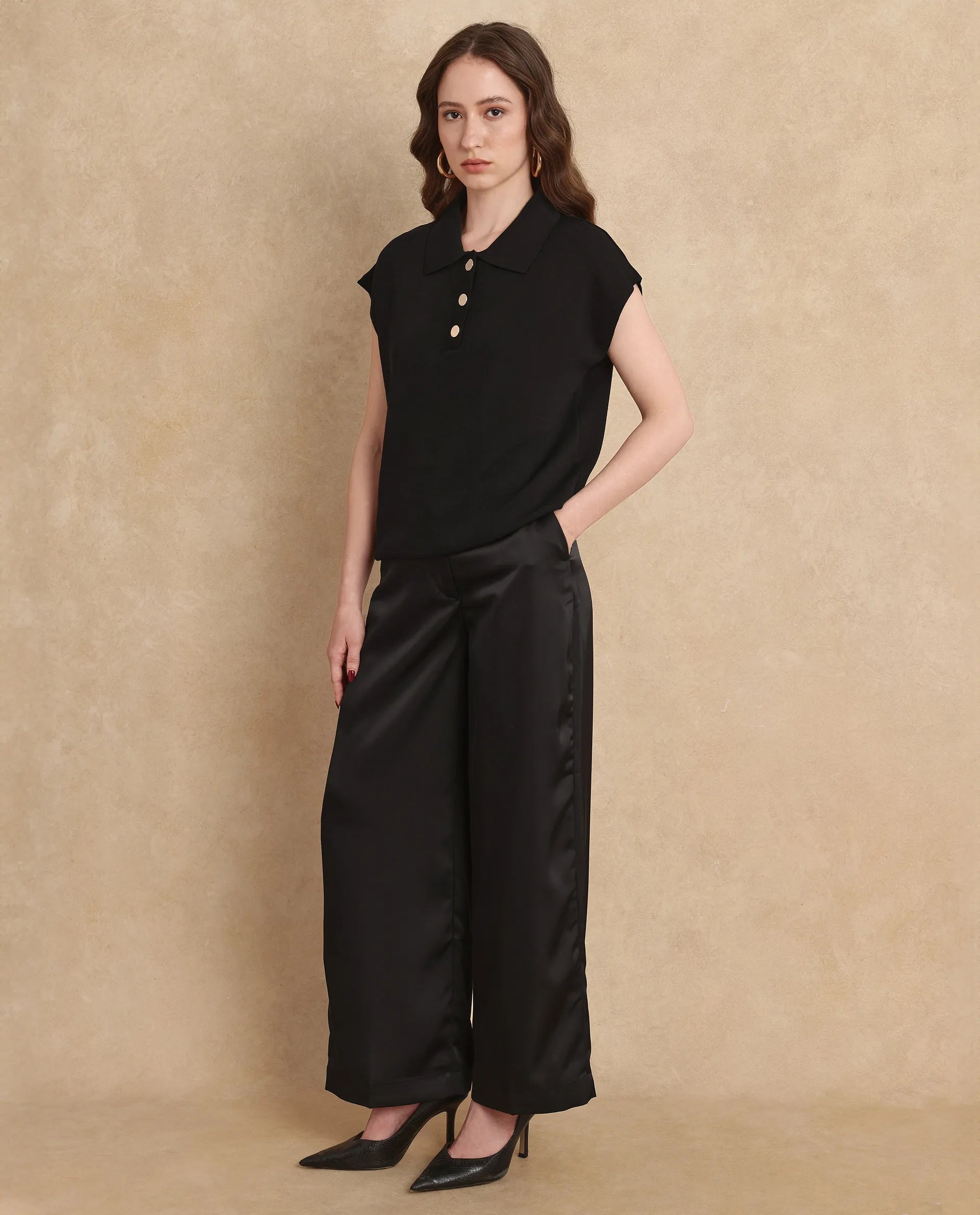 Rareism Women Prepol Black Viscose Blend Fabric Short Sleeve Relaxed Fit Top