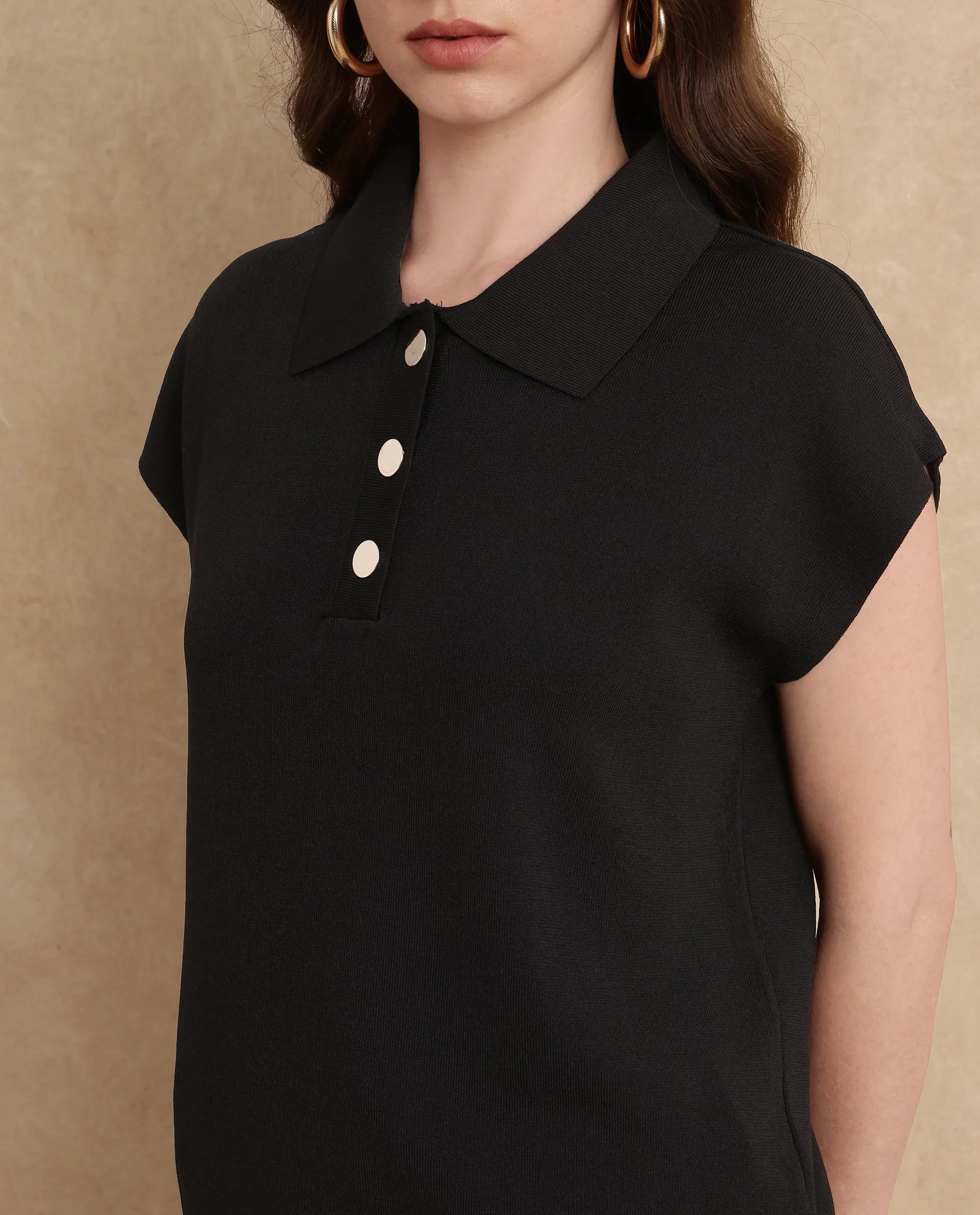 Rareism Women Prepol Black Viscose Blend Fabric Short Sleeve Relaxed Fit Top