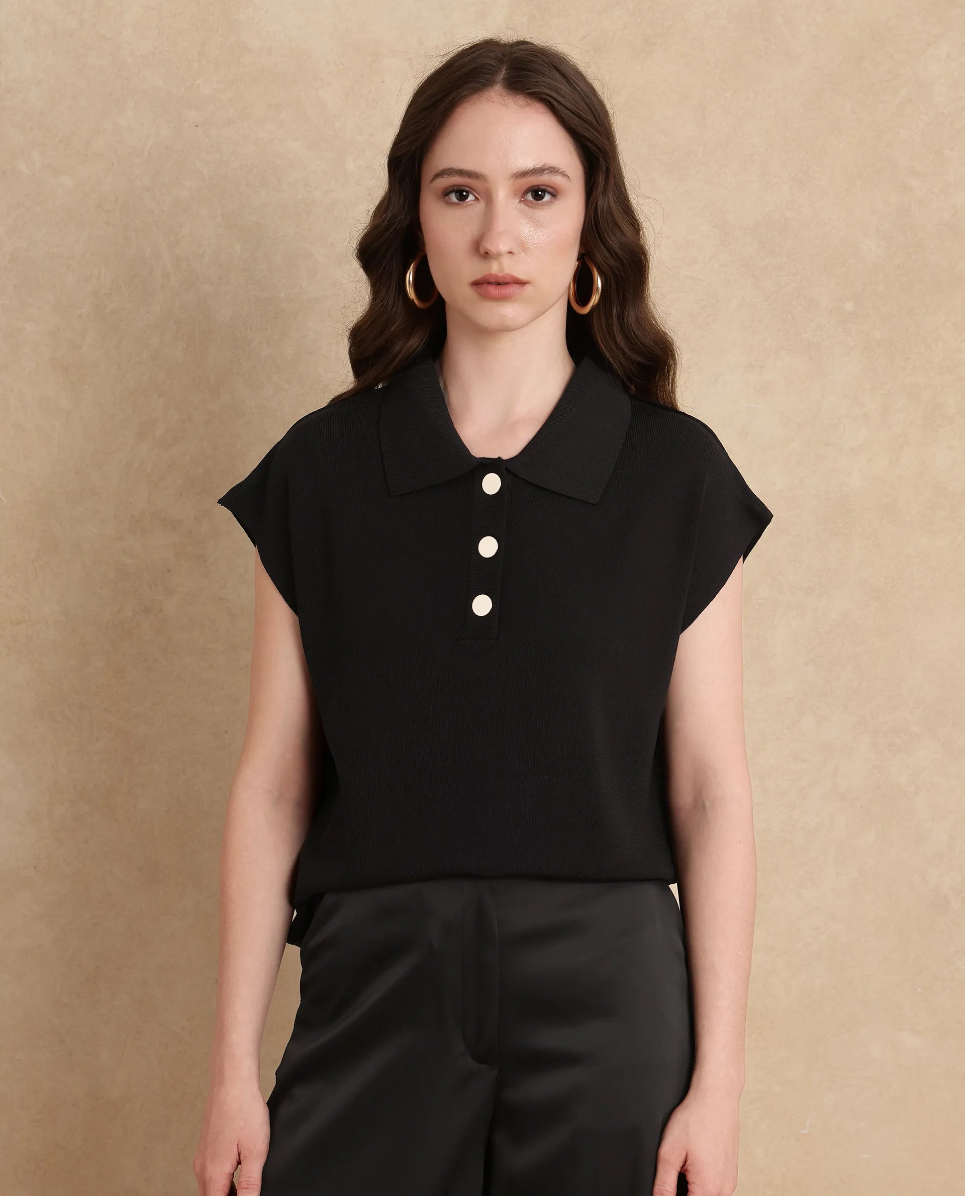 Rareism Women Prepol Black Viscose Blend Fabric Short Sleeve Relaxed Fit Top