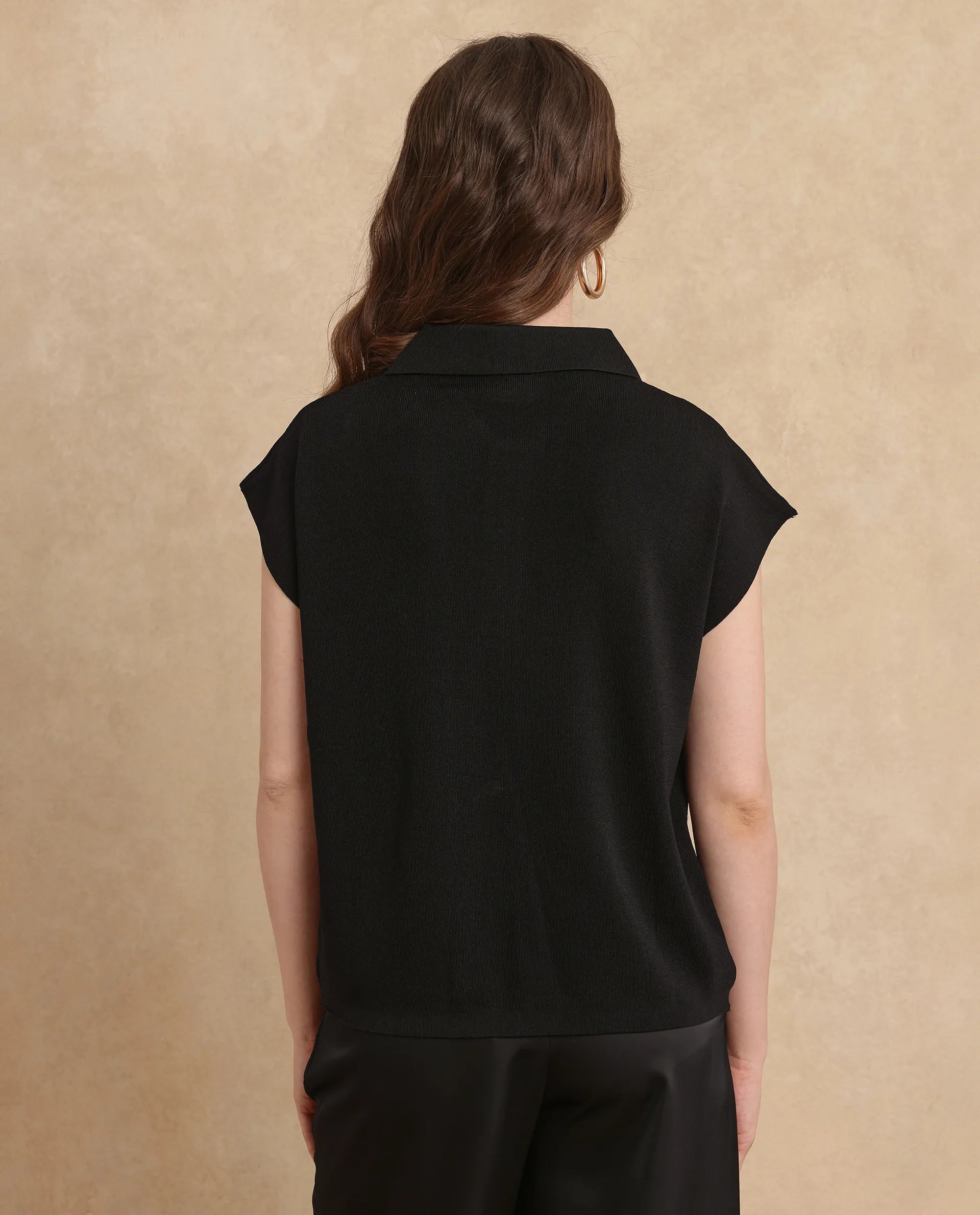 Rareism Women Prepol Black Viscose Blend Fabric Short Sleeve Relaxed Fit Top